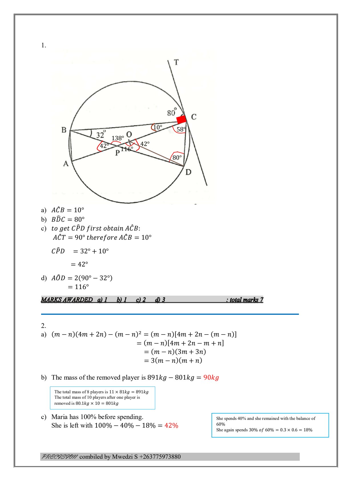 First page of ZIMSEC O-Level Mathematics Paper 2 November 2022 Marking Scheme
