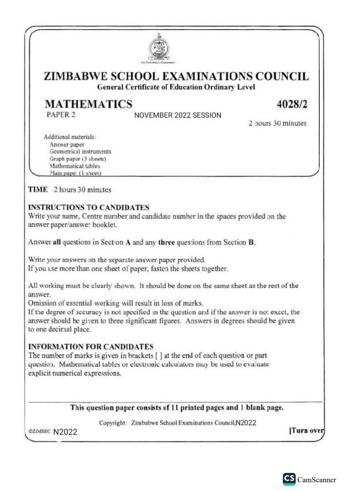 First page of ZIMSEC O-Level Mathematics Paper 2 November 2022 Question Paper