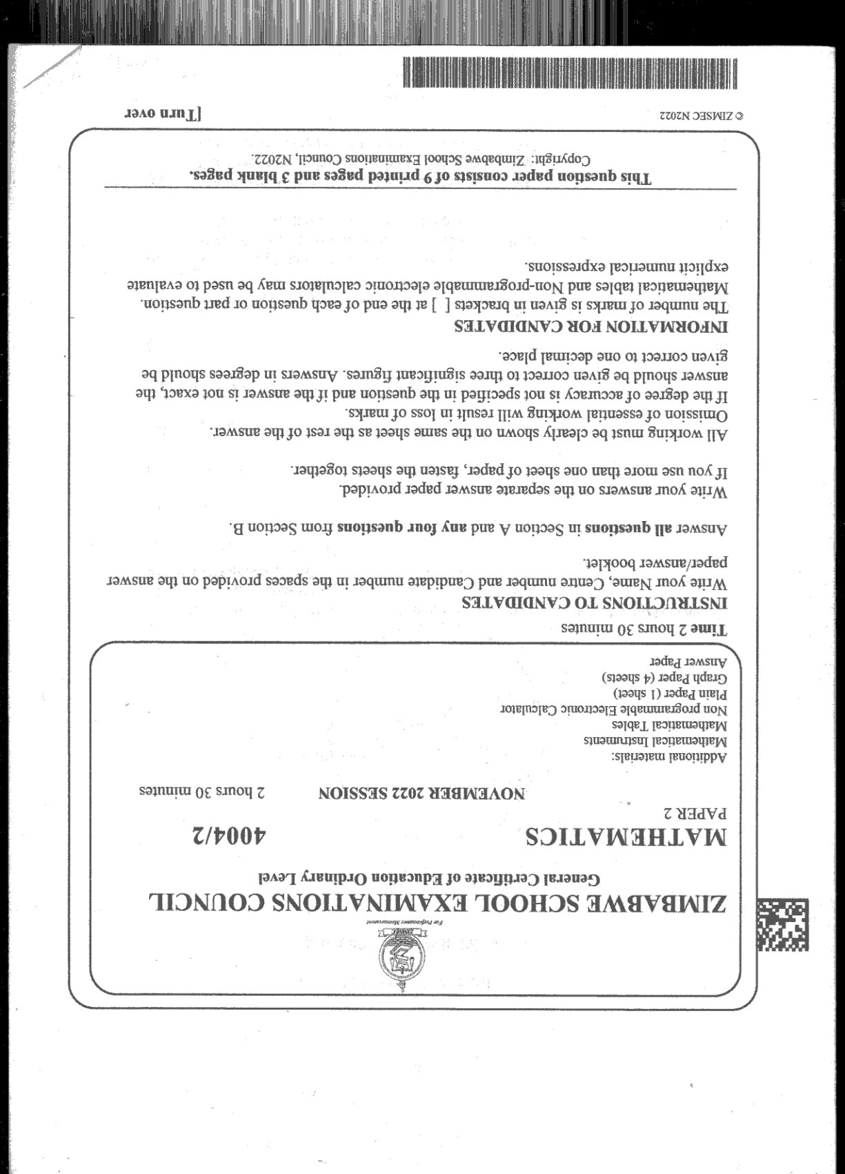 First page of ZIMSEC O-Level Mathematics Paper 2 November 2022 Question Paper