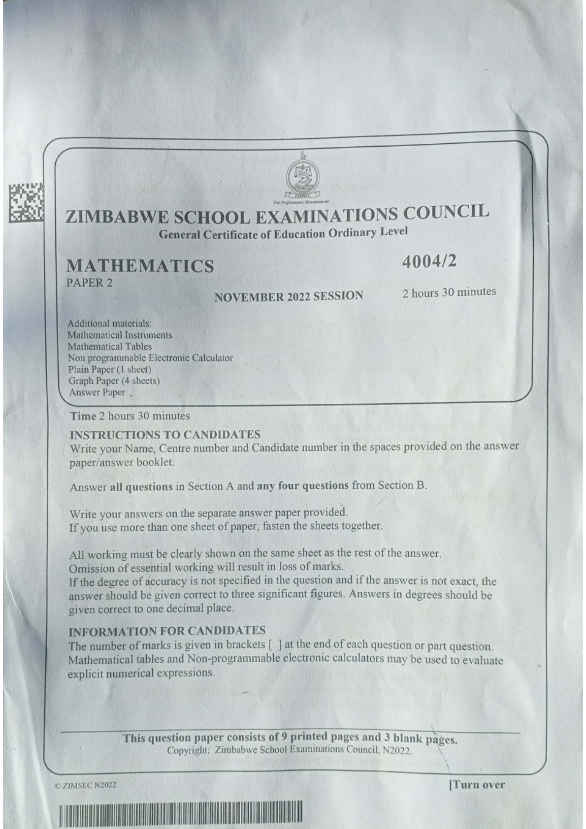 First page of ZIMSEC O-Level Mathematics Paper 2 November 2022 Question Paper