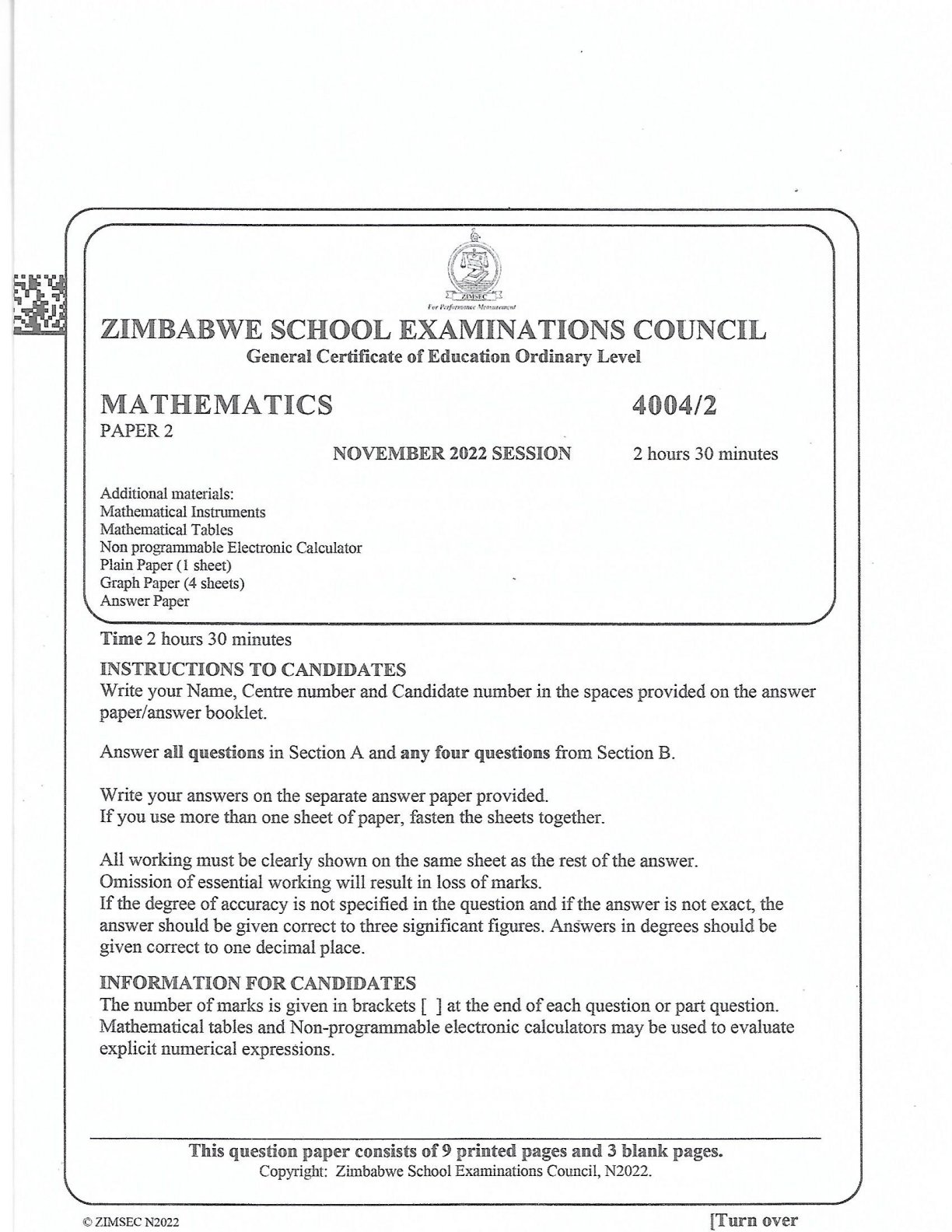 First page of ZIMSEC O-Level Mathematics Paper 2 November 2022 Question Paper