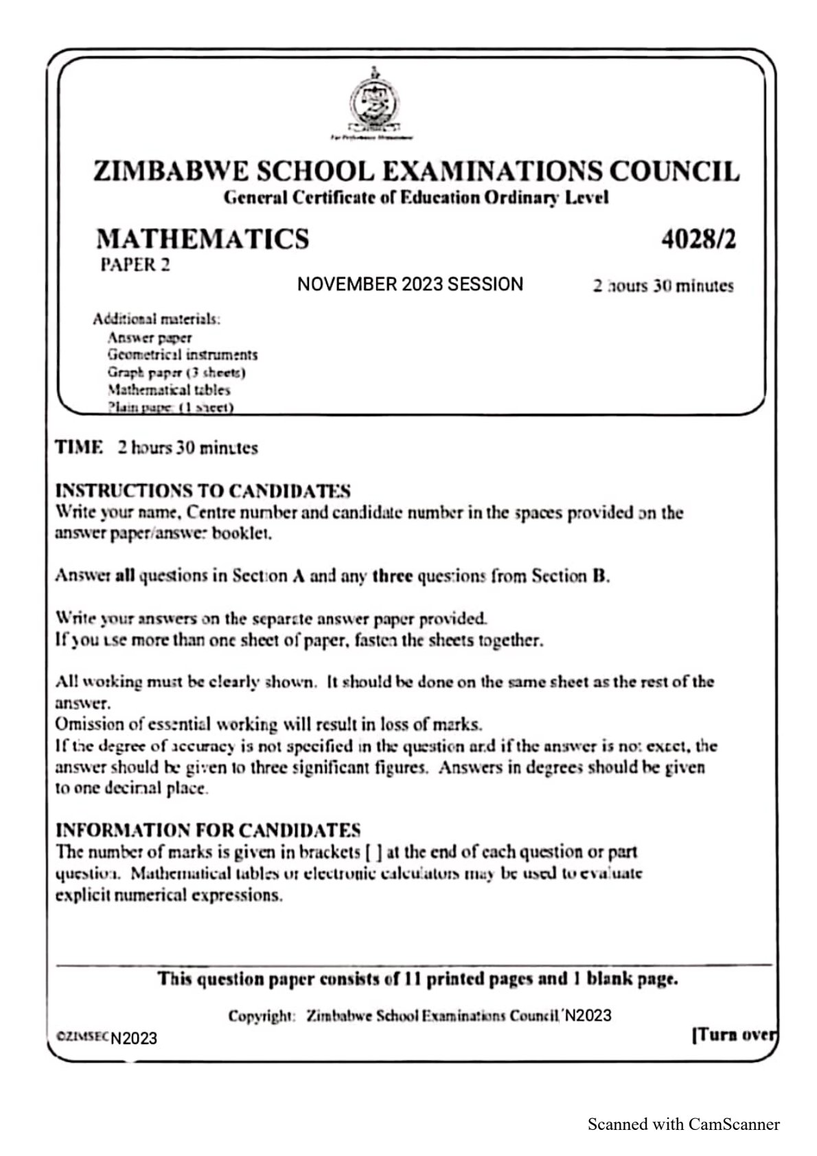 First page of ZIMSEC O-Level Mathematics Paper 2 November 2023 Question Paper