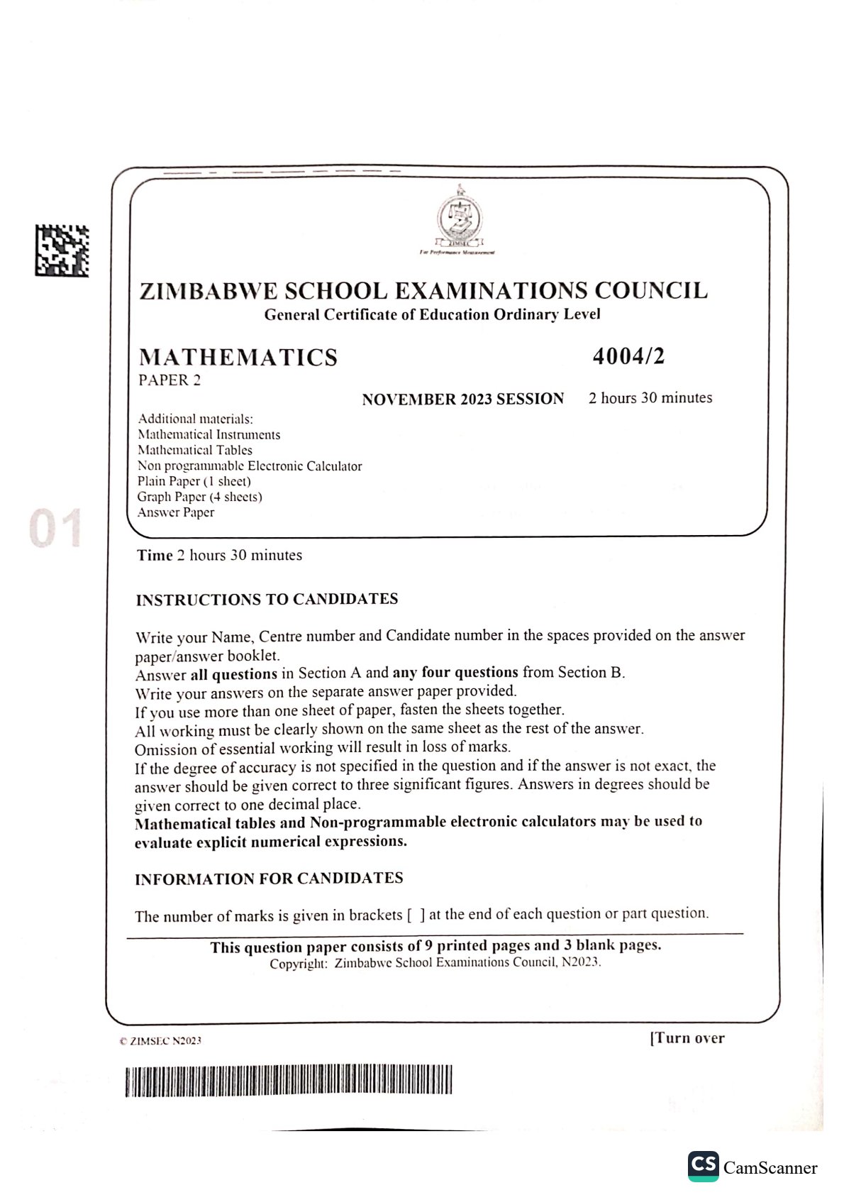 First page of ZIMSEC O-Level Mathematics Paper 2 November 2023 Question Paper
