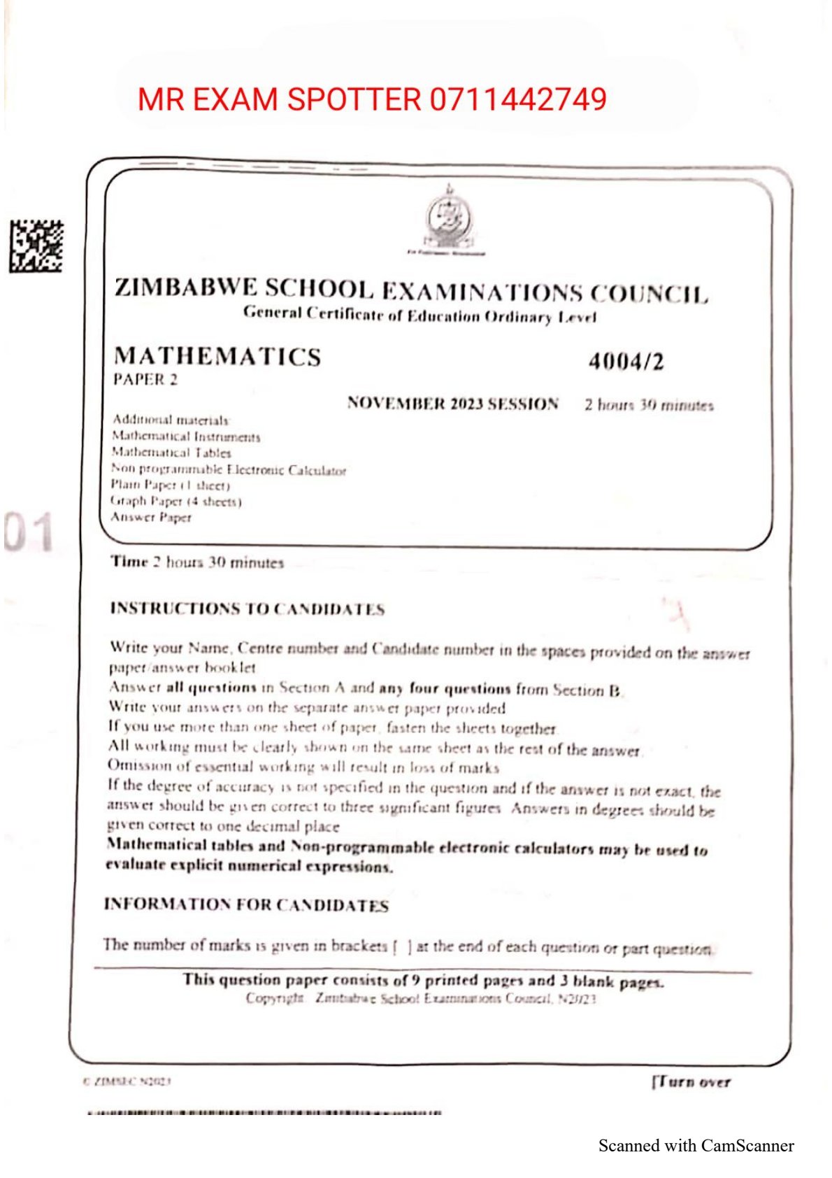 First page of ZIMSEC O-Level Mathematics Paper 2 November 2023 Question Paper
