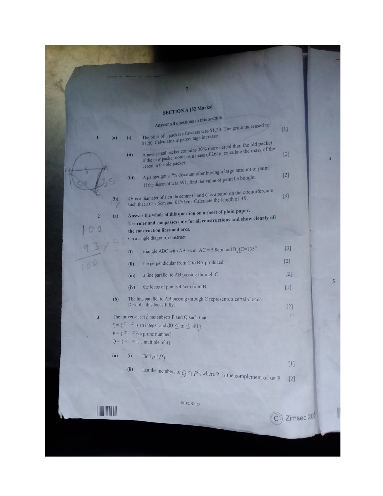 First page of ZIMSEC O-Level Mathematics Paper 2 November 2023 Question Paper