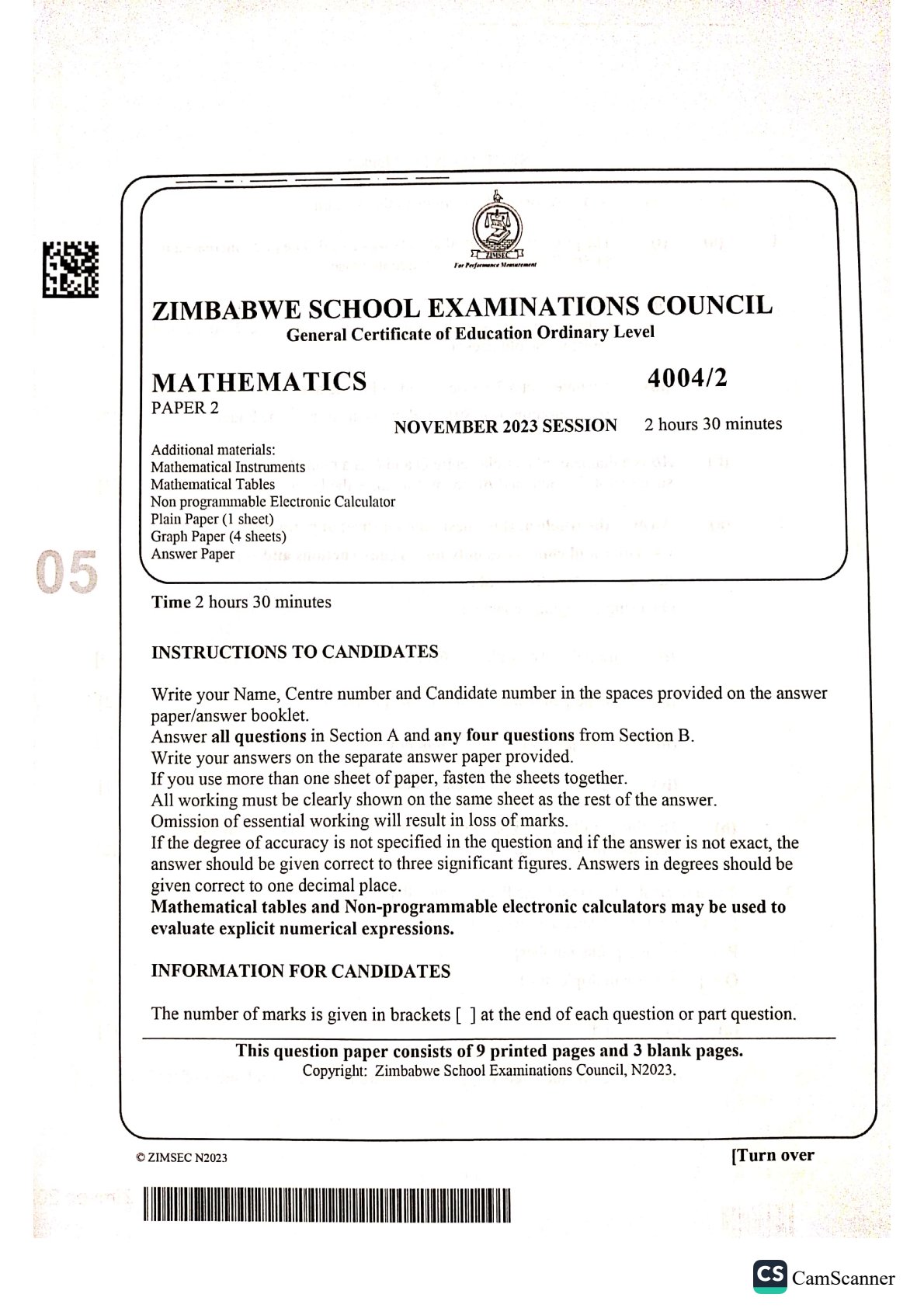 First page of ZIMSEC O-Level Mathematics Paper 2 November 2023 Question Paper