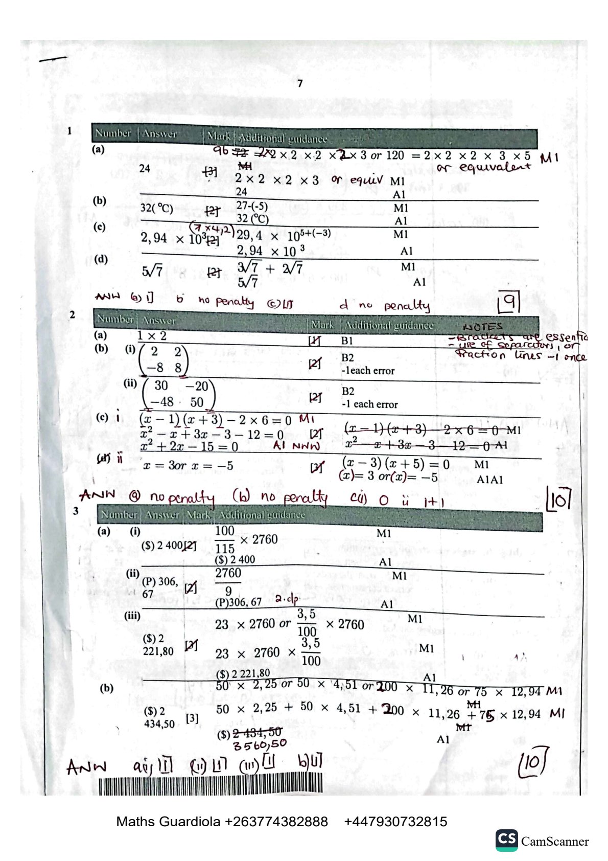 First page of ZIMSEC O-Level Mathematics Paper 2 November 2024 Marking Scheme