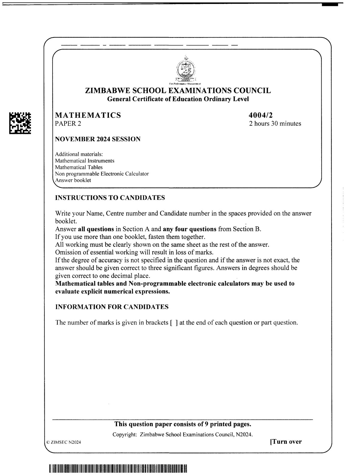 First page of ZIMSEC O-Level Mathematics Paper 2 November 2024 Question Paper