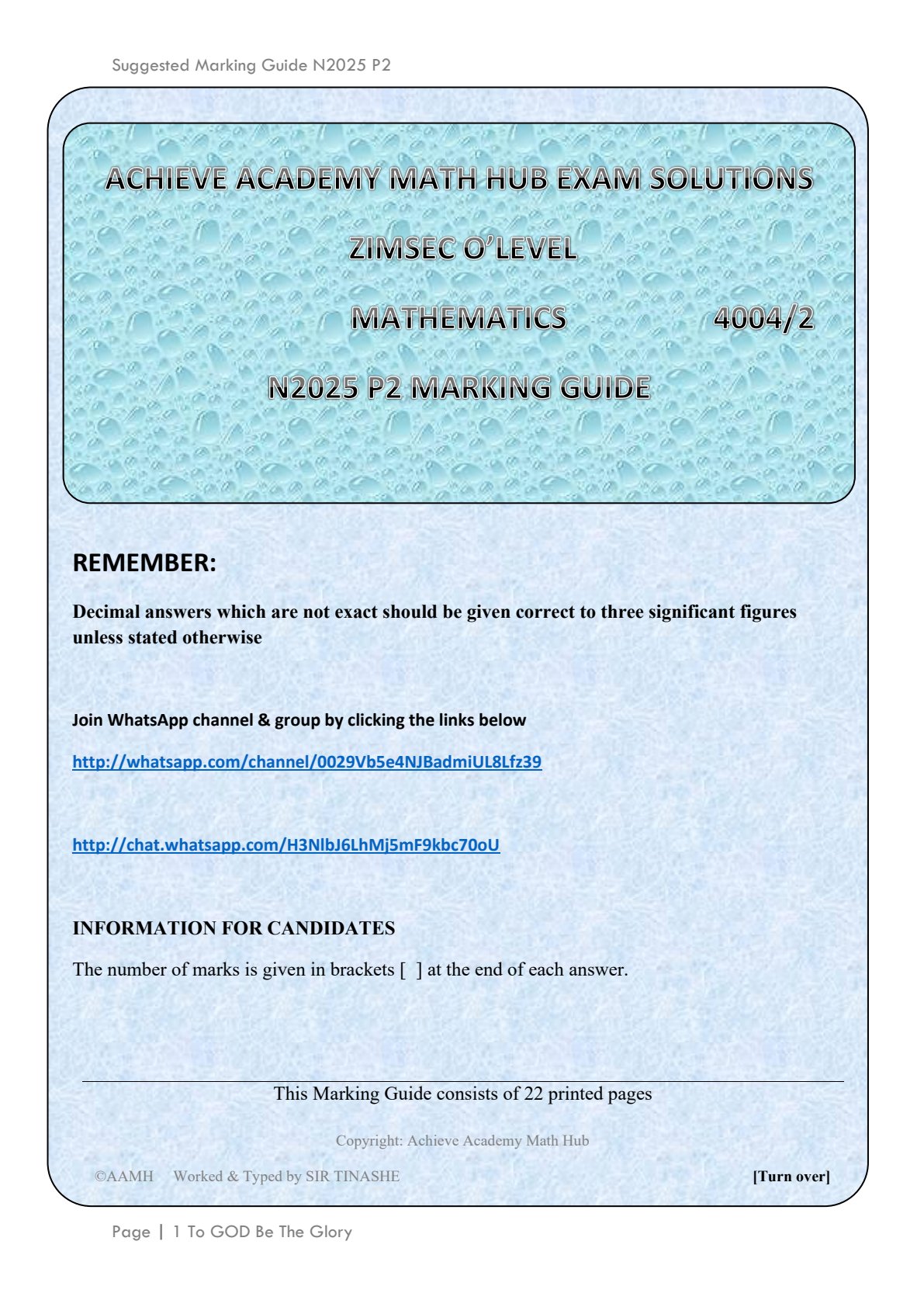 First page of ZIMSEC O-Level Mathematics Paper 2 November 2025 Marking Scheme