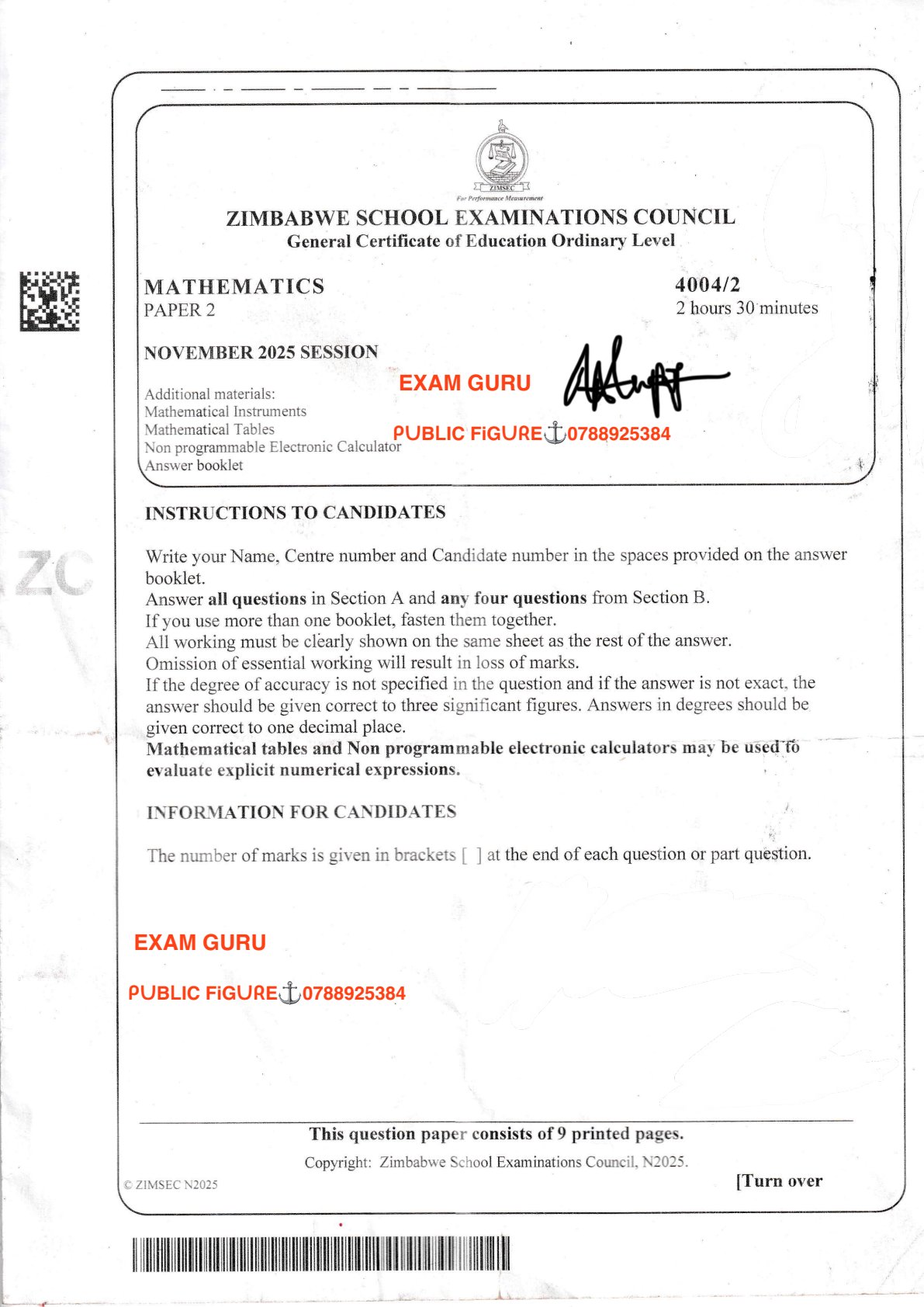 First page of ZIMSEC O-Level Mathematics Paper 2 November 2025 Question Paper
