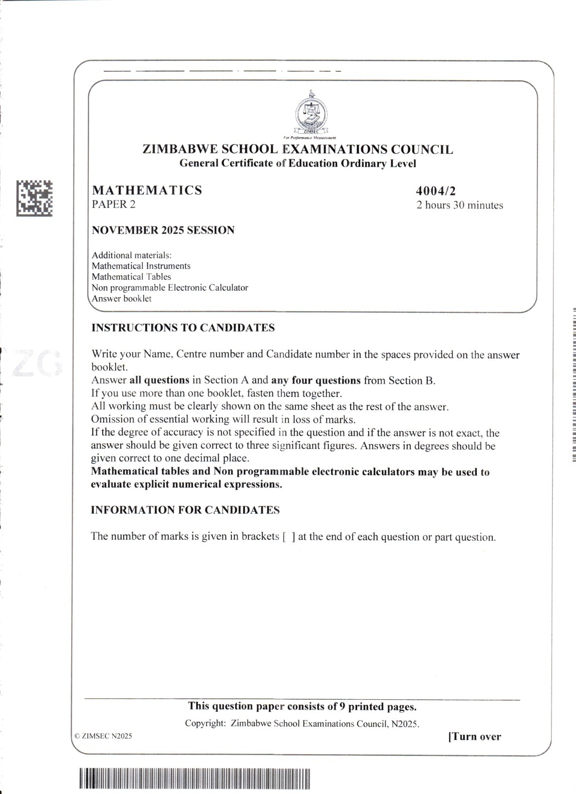 First page of ZIMSEC O-Level Mathematics Paper 2 November 2025 Question Paper