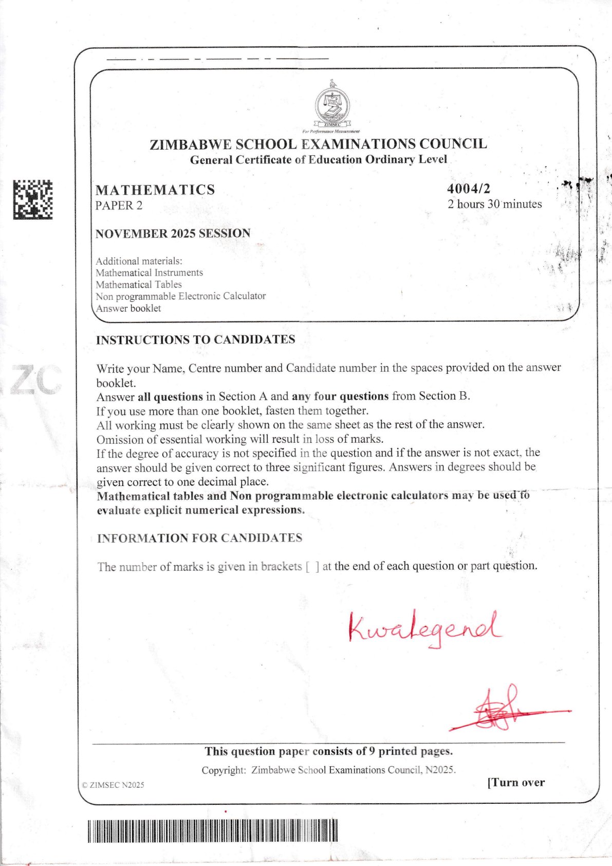 First page of ZIMSEC O-Level Mathematics Paper 2 November 2025 Question Paper