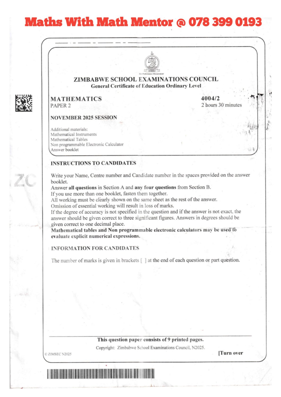 First page of ZIMSEC O-Level Mathematics Paper 2 November 2025 Question Paper