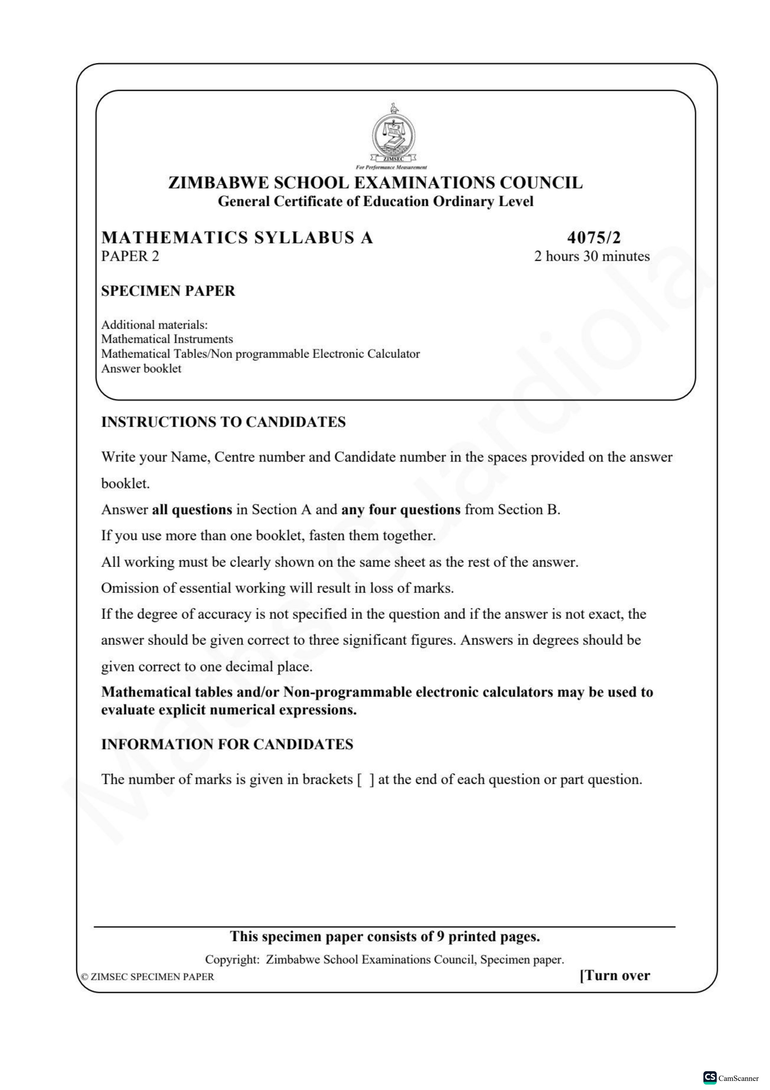 First page of ZIMSEC O-Level Mathematics Paper 2 Question Paper
