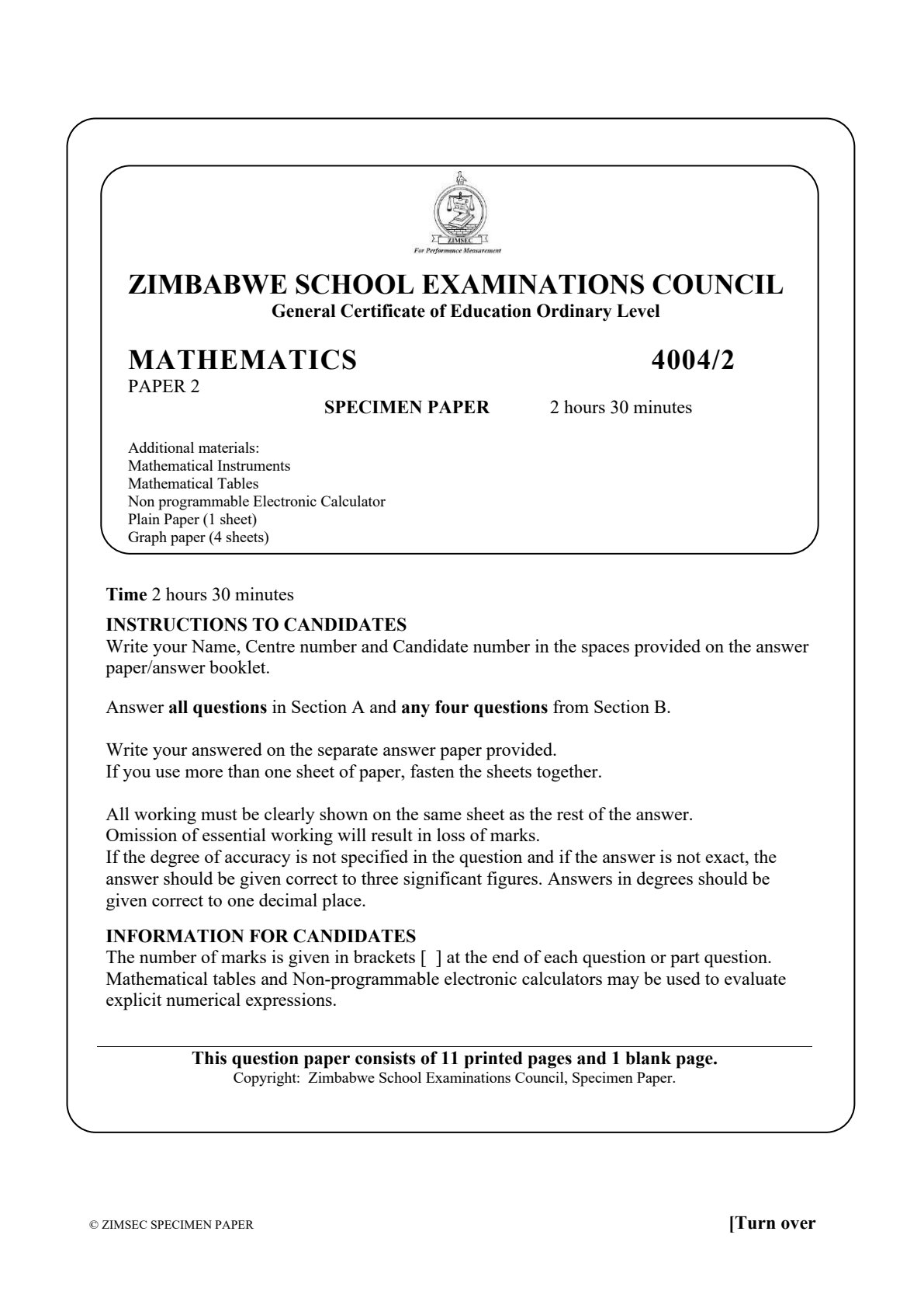 First page of ZIMSEC O-Level Mathematics Paper 2 Question Paper