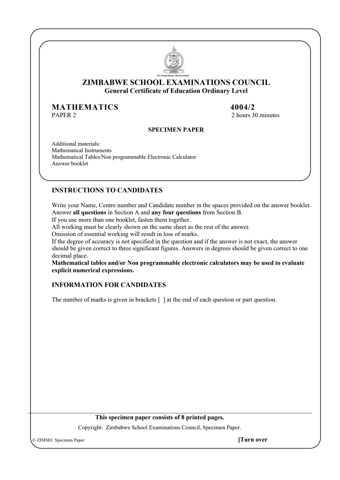 First page of ZIMSEC O-Level Mathematics Paper 2 Question Paper