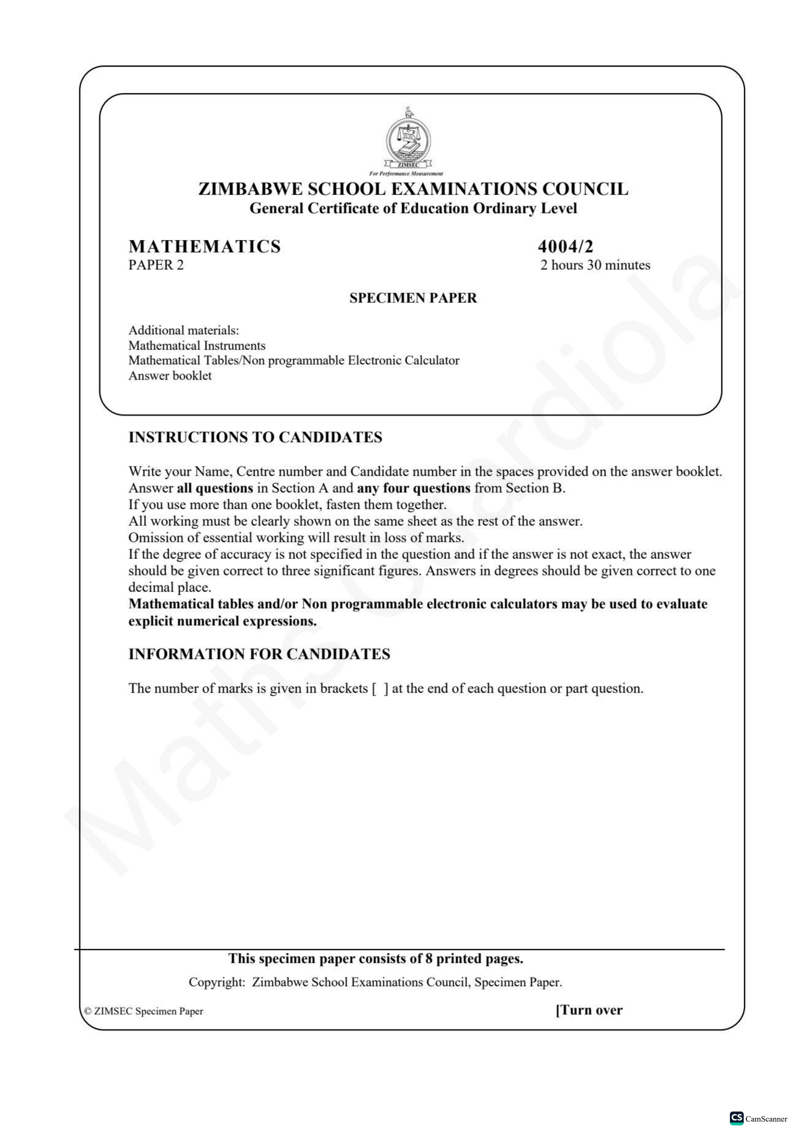 First page of ZIMSEC O-Level Mathematics Paper 2 Question Paper