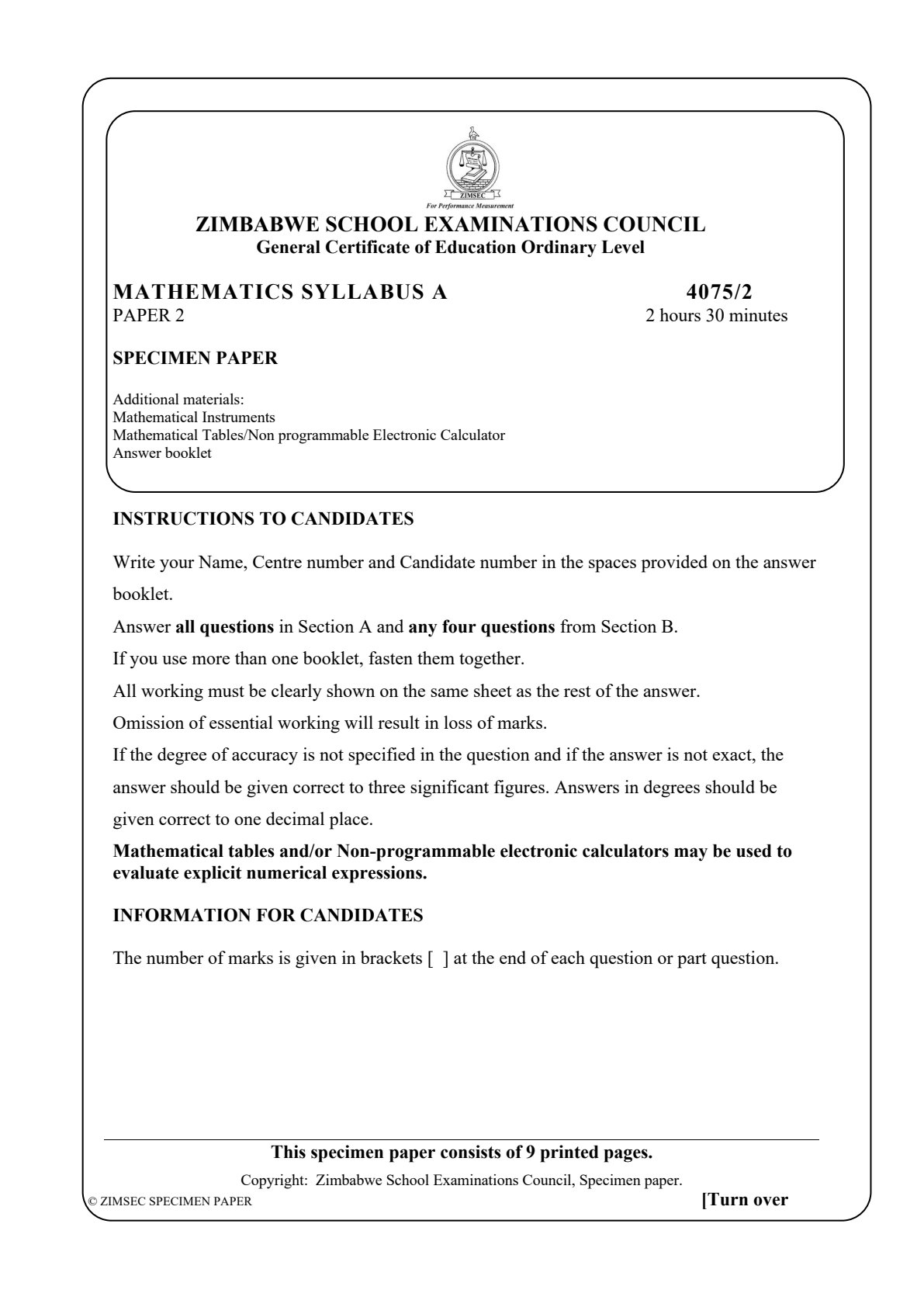 First page of ZIMSEC O-Level Mathematics Paper 2 Specimen Question Paper