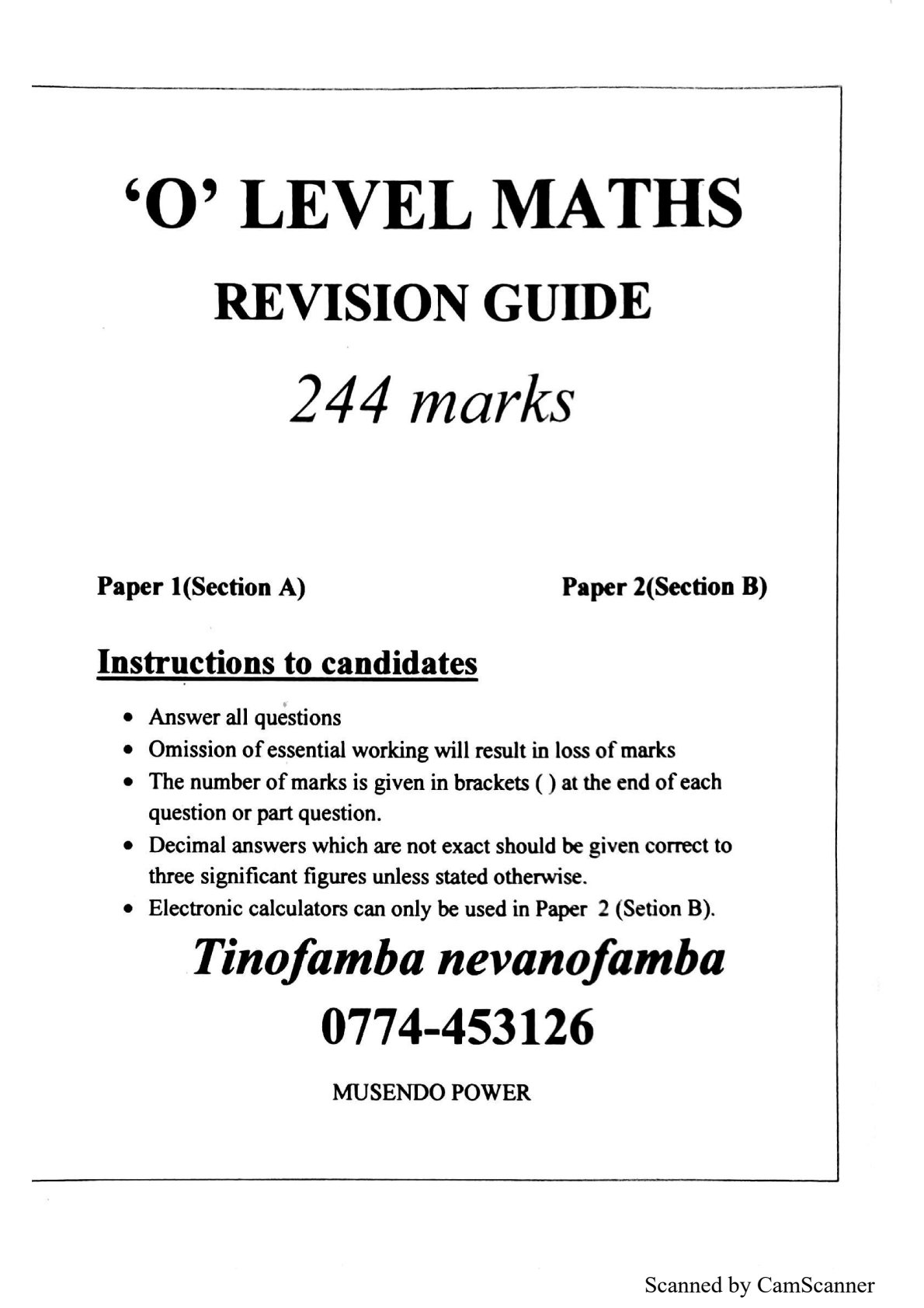 First page of ZIMSEC O-Level Mathematics Study Guide