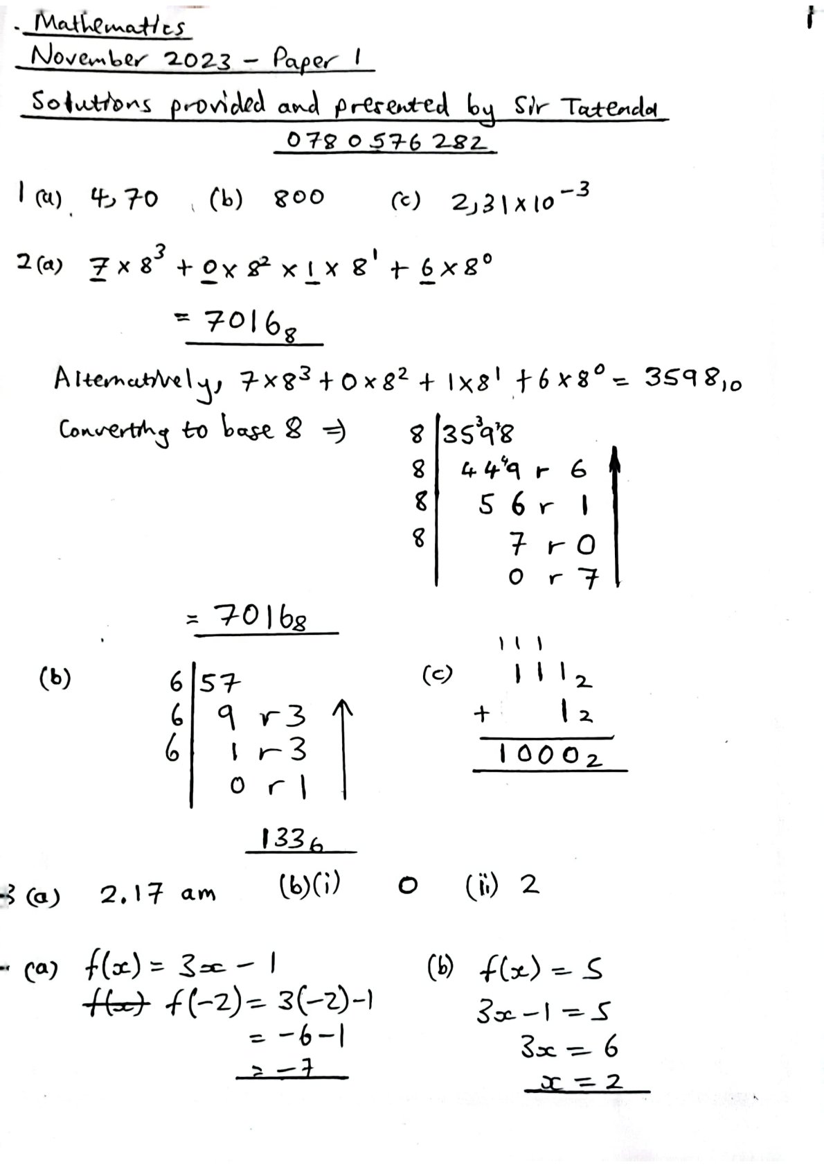 First page of ZIMSEC O' Level Maths - November 2023 (Paper 1) - Answers Marking Scheme