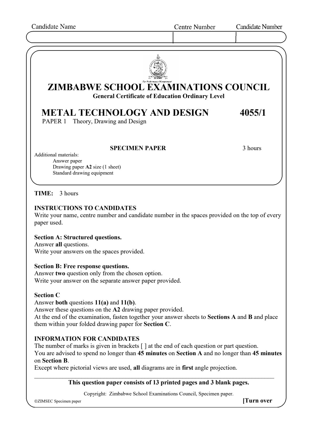 First page of ZIMSEC O-Level Metal Technology and Design Paper 1 Specimen Question Paper