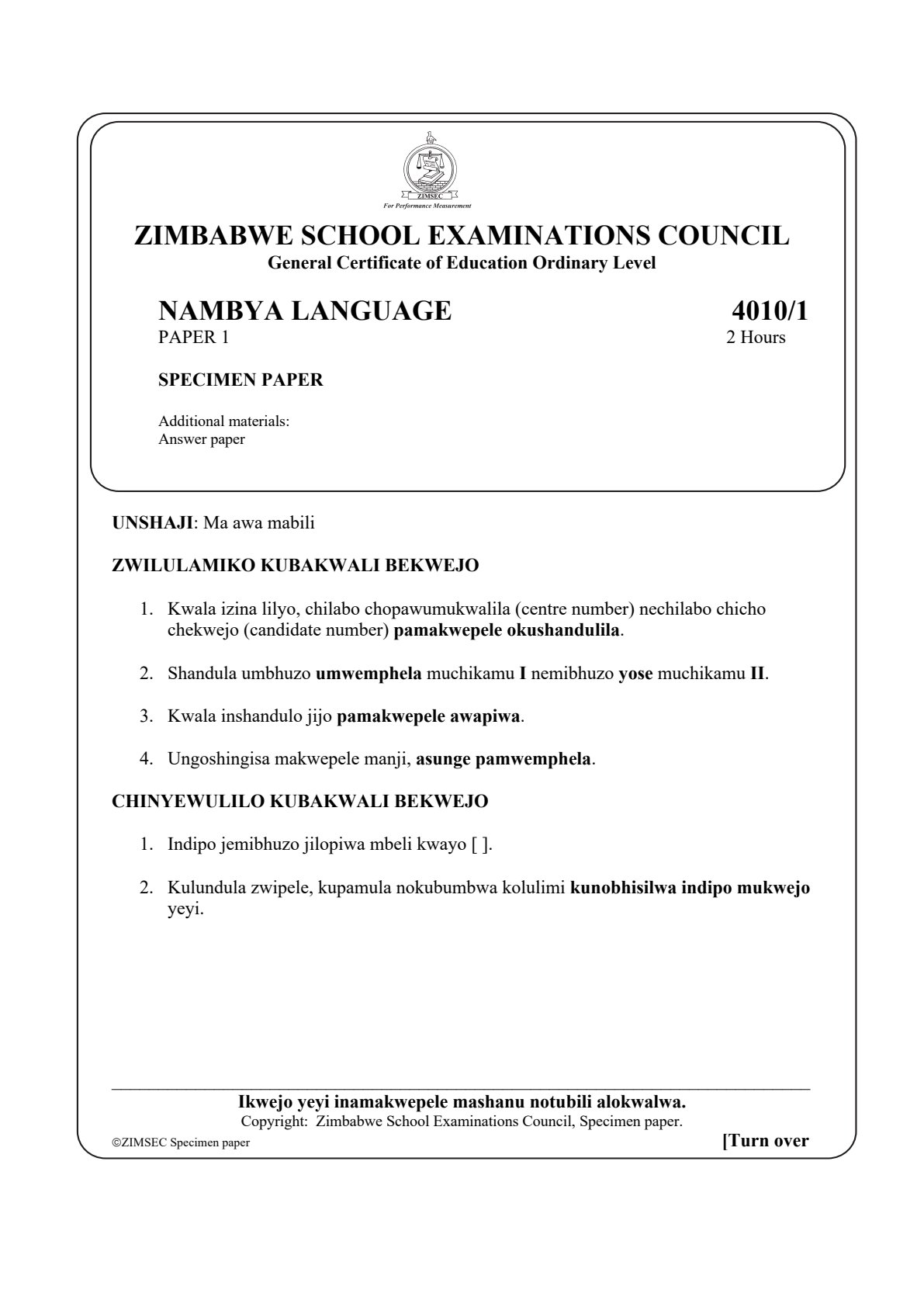 First page of ZIMSEC O-Level Nambya Language Paper 1 Specimen Question Paper