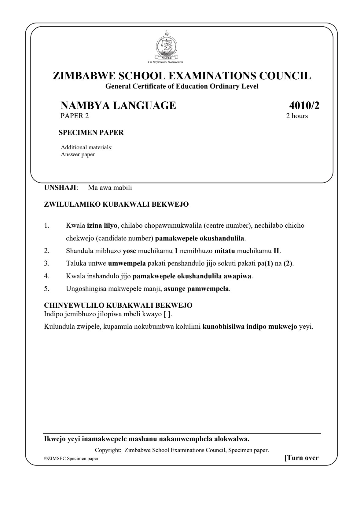 First page of ZIMSEC O-Level Nambya Language Paper 2 Question Paper