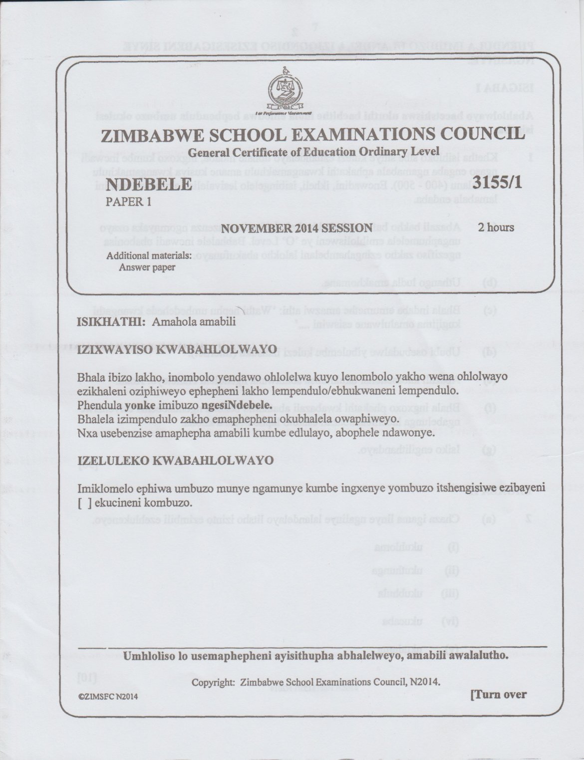 First page of ZIMSEC O-Level Ndebele Paper 1 November 2014 Question Paper