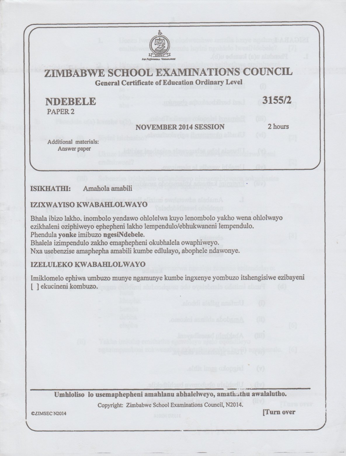 First page of ZIMSEC O-Level Ndebele Paper 2 November 2014 Question Paper