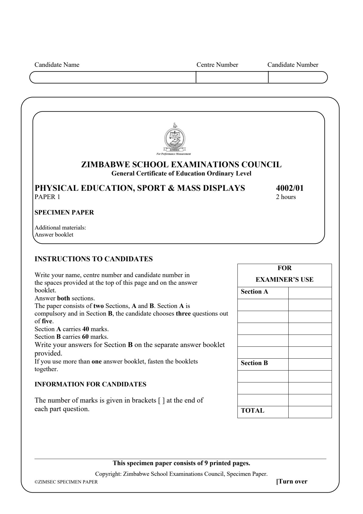 First page of ZIMSEC O-Level Physical Education, Sport and Mass Displays Paper 1 Question Paper