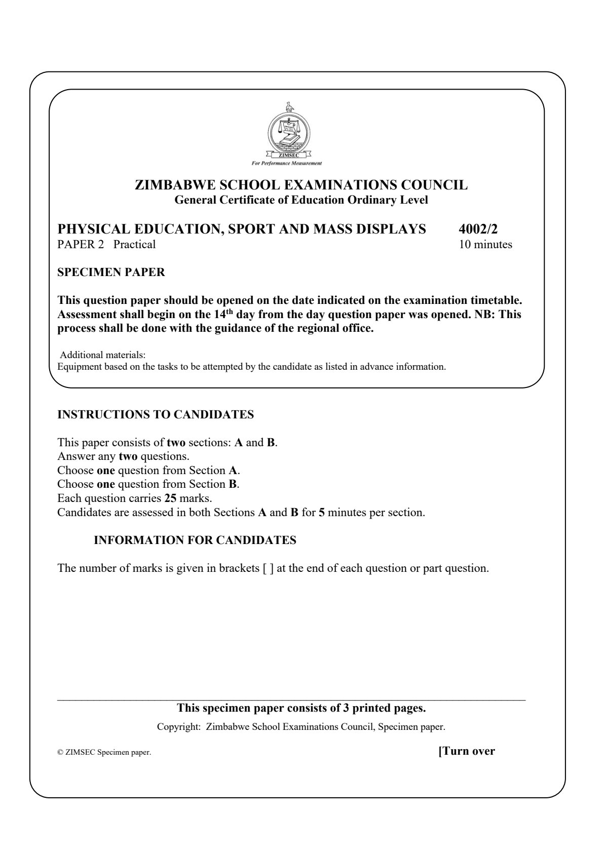 First page of ZIMSEC O-Level Physical Education, Sport and Mass Displays Paper 2 Practical Question Paper