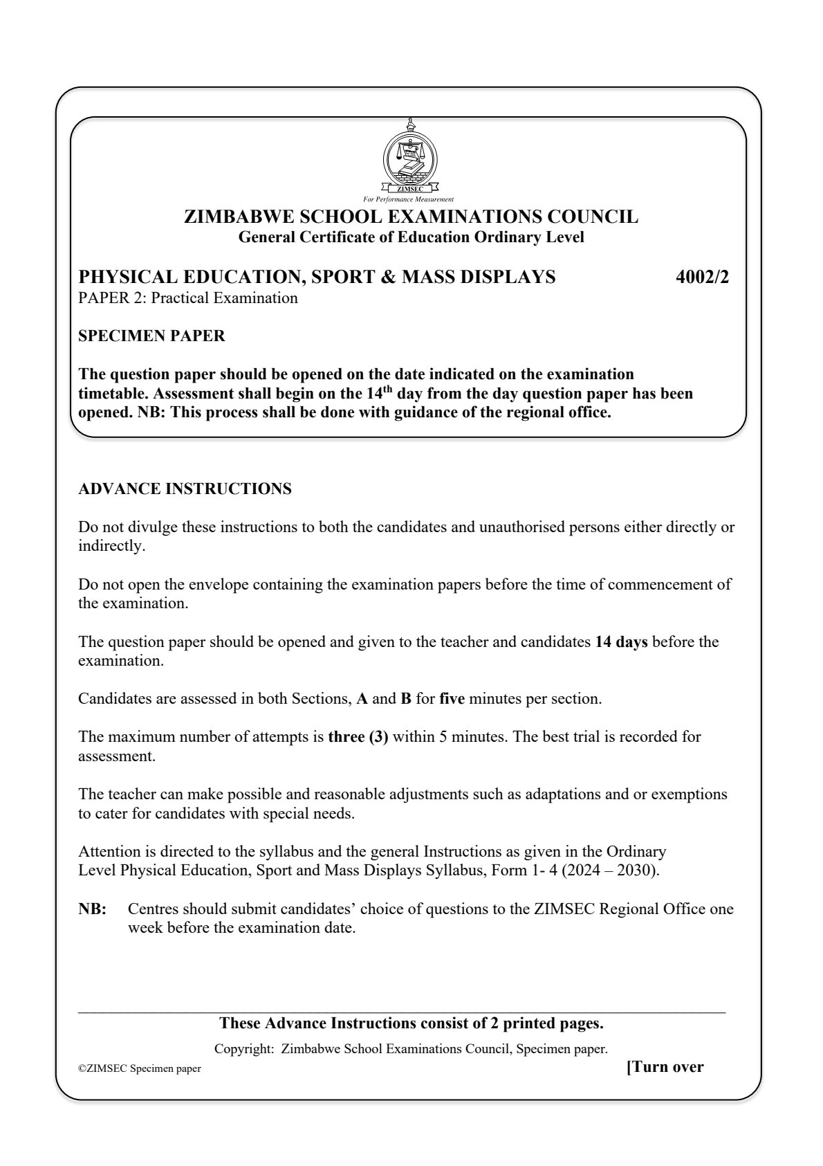 First page of ZIMSEC O-Level Physical Education, Sport & Mass Displays Paper 2 Question Paper