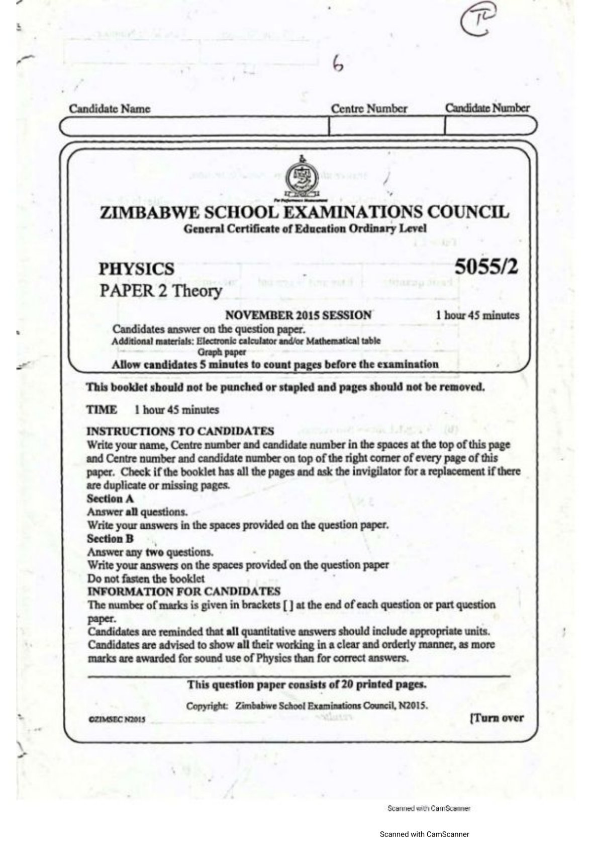 First page of ZIMSEC O-Level Physics Green Book 2021-2023 Study Guide