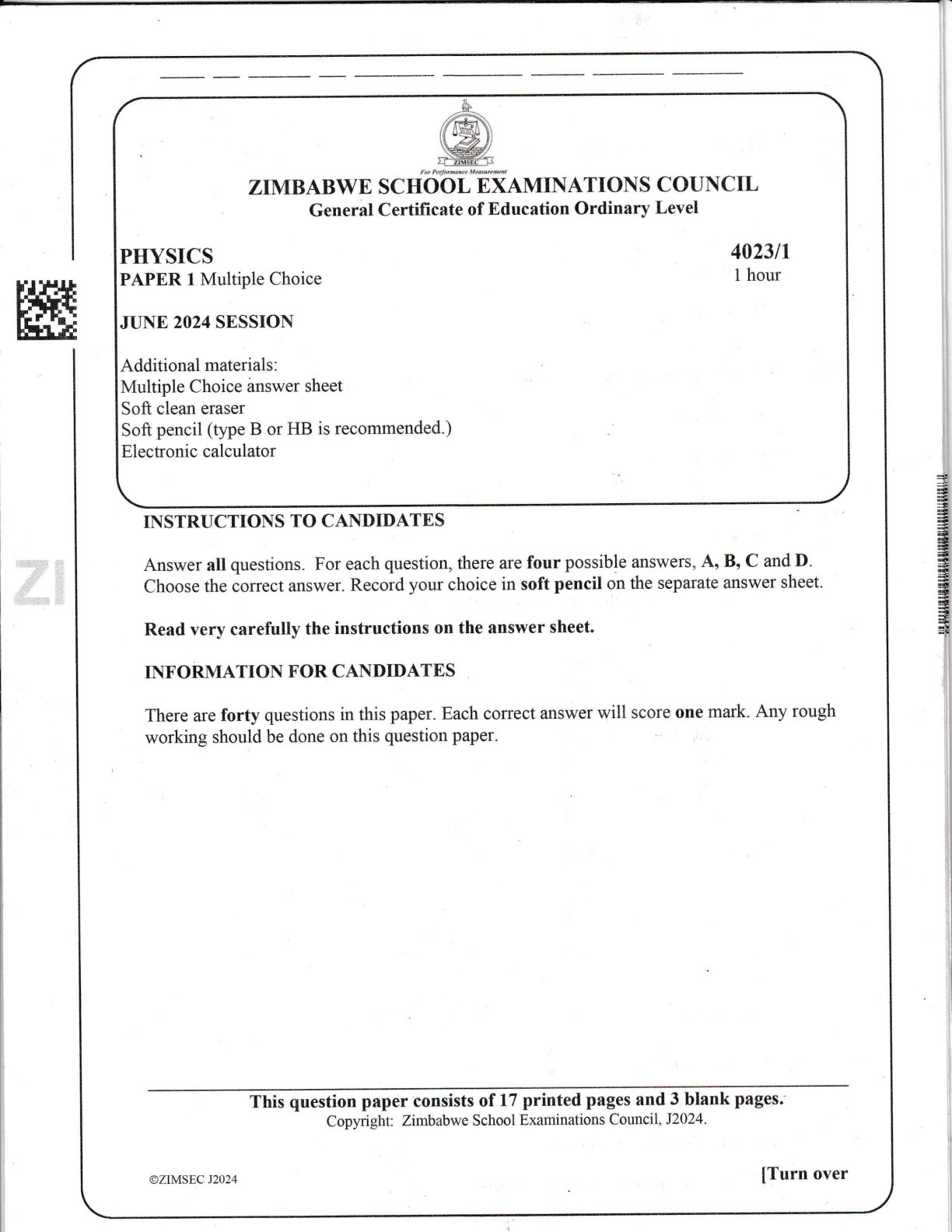 First page of ZIMSEC O-Level Physics Paper 1 June 2024 Question Paper