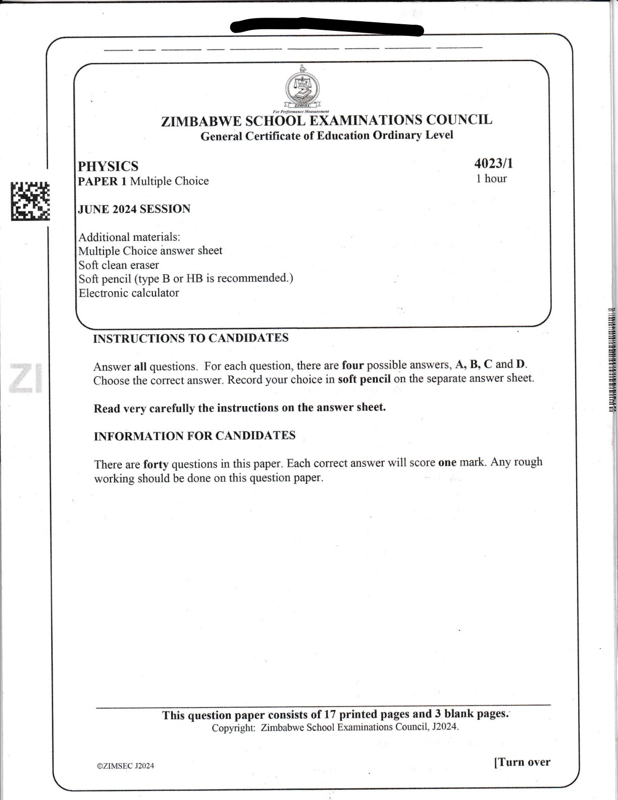 First page of ZIMSEC O-Level Physics Paper 1 June 2024 Question Paper