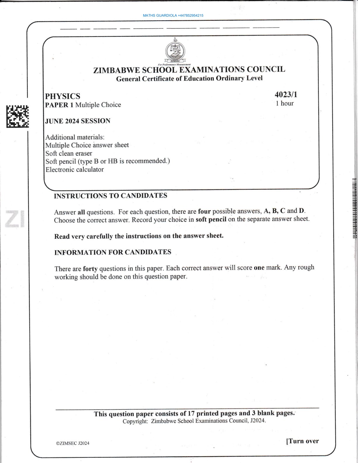 First page of ZIMSEC O-Level Physics Paper 1 June 2024 Question Paper
