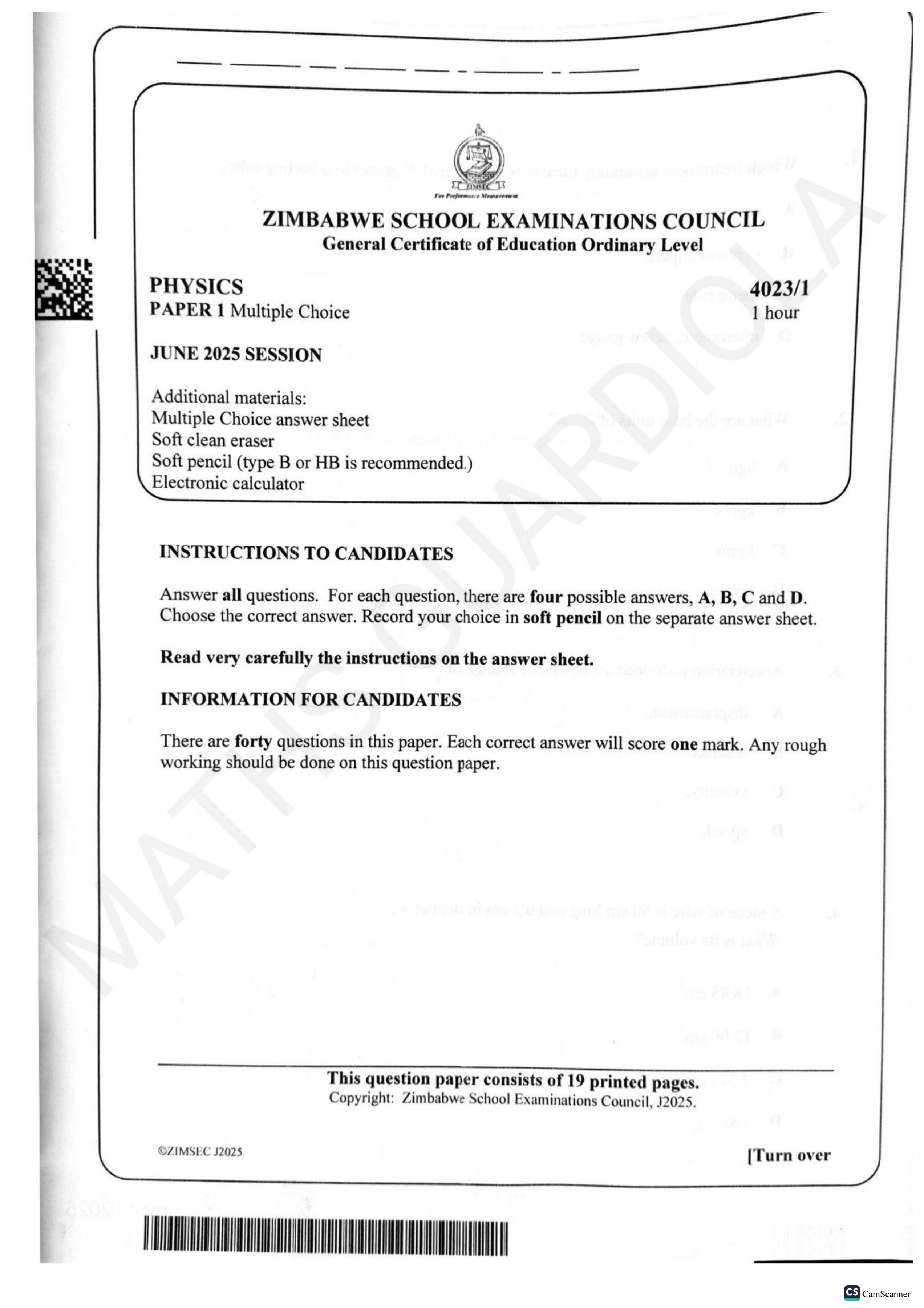 First page of ZIMSEC O-Level Physics Paper 1 June 2025 Question Paper