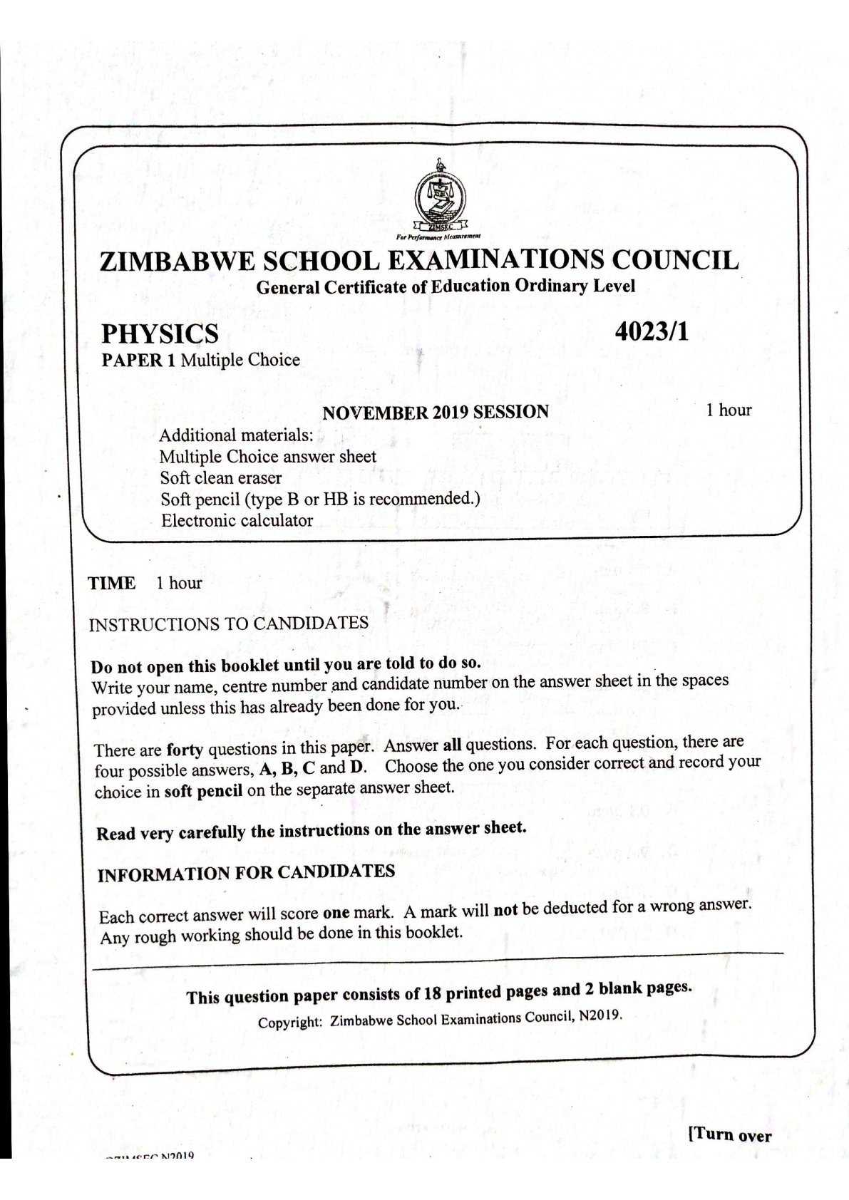 First page of ZIMSEC O-Level Physics Paper 1 November 2019 Question Paper
