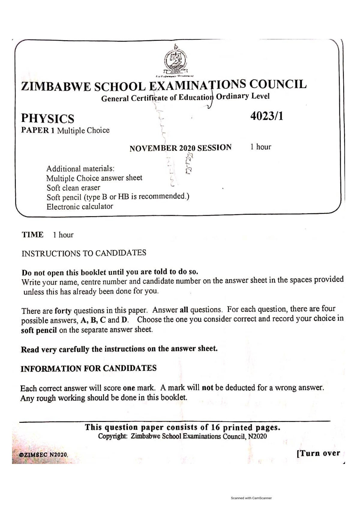 First page of ZIMSEC O-Level Physics Paper 1 November 2020 Question Paper