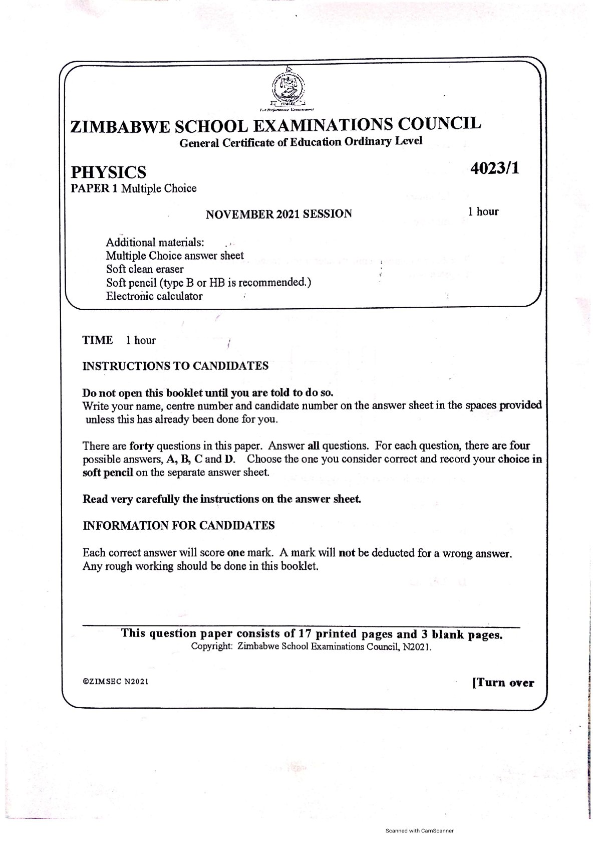 First page of ZIMSEC O-Level Physics Paper 1 November 2021 Question Paper