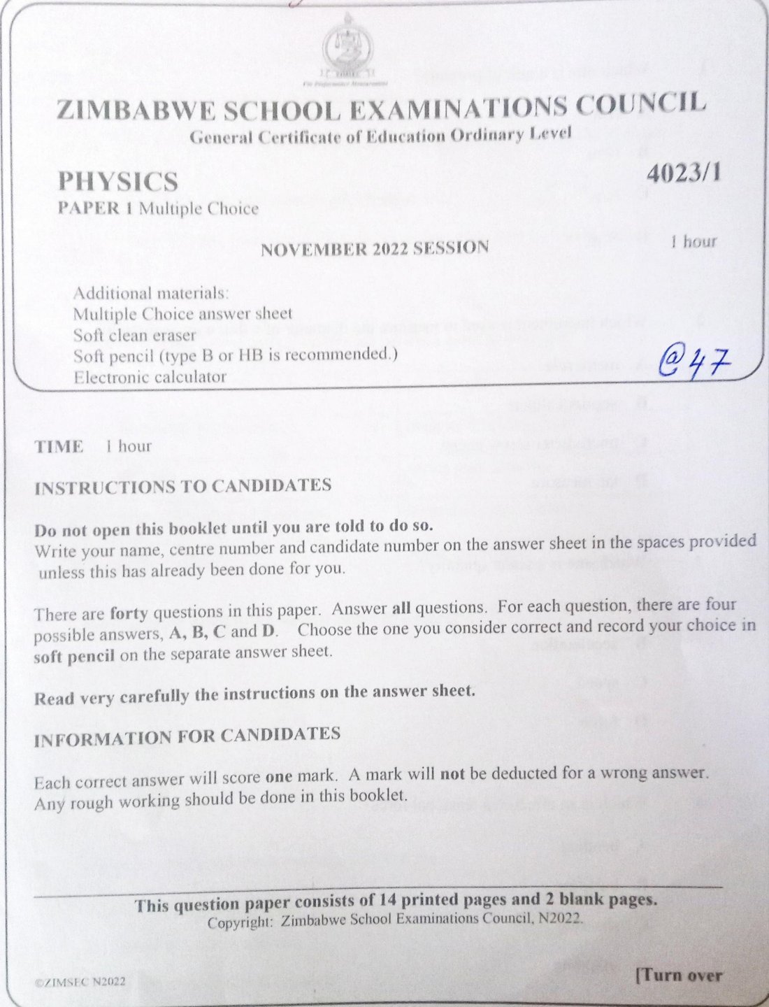First page of ZIMSEC O-Level Physics Paper 1 November 2022 Question Paper