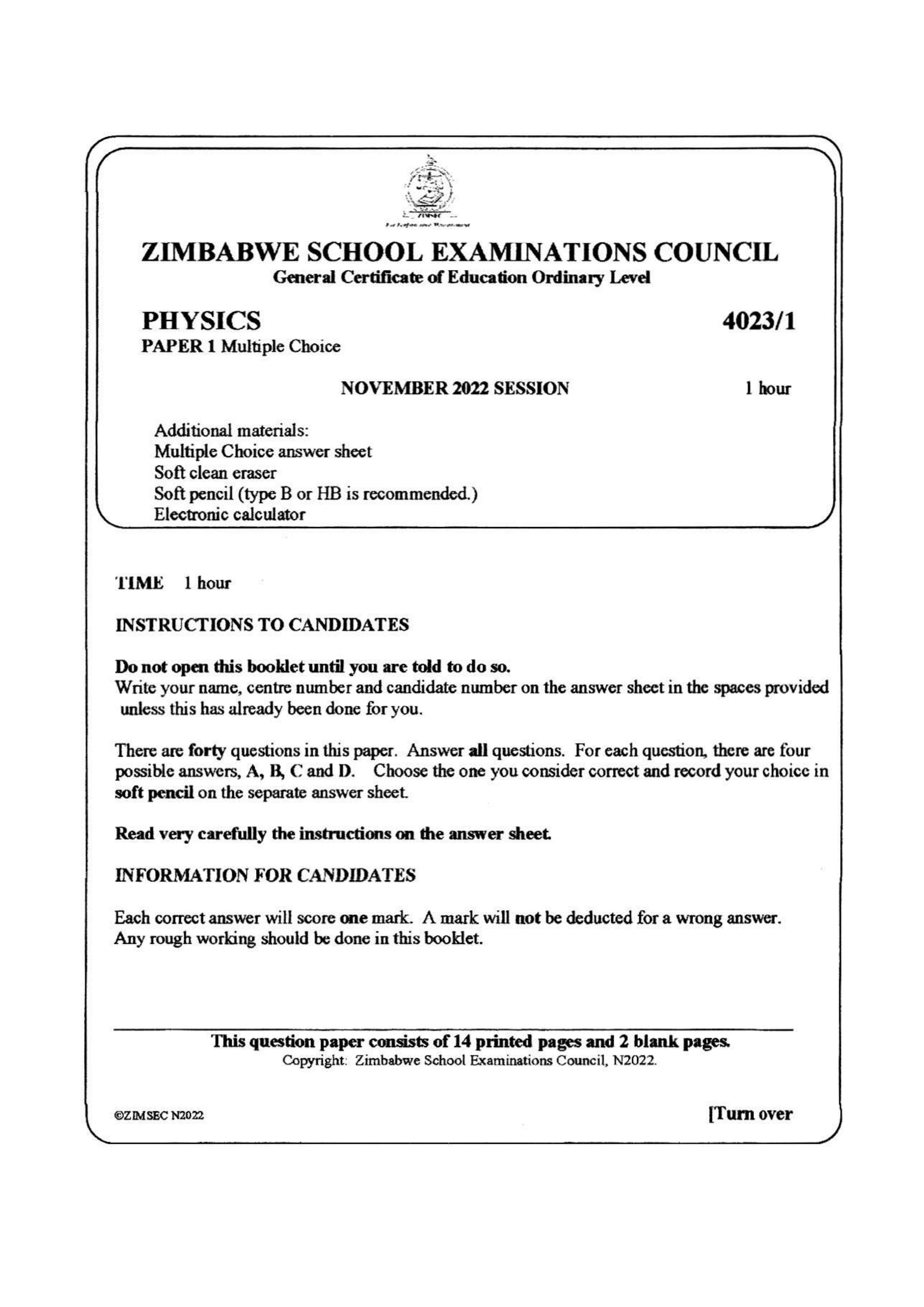 First page of ZIMSEC O-Level Physics Paper 1 November 2022 Question Paper