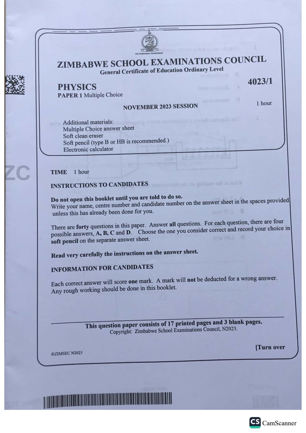First page of ZIMSEC O-Level Physics Paper 1 November 2023 Question Paper