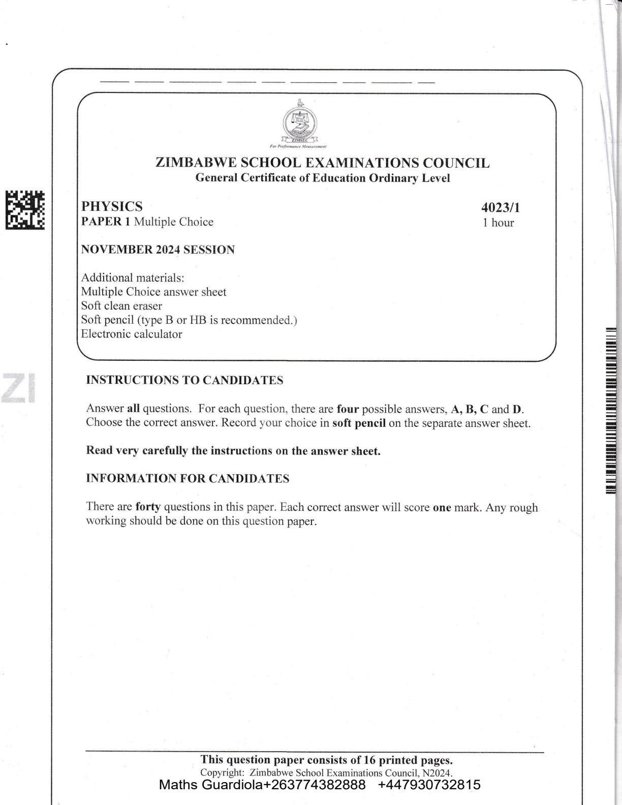 First page of ZIMSEC O-Level Physics Paper 1 November 2024 Question Paper