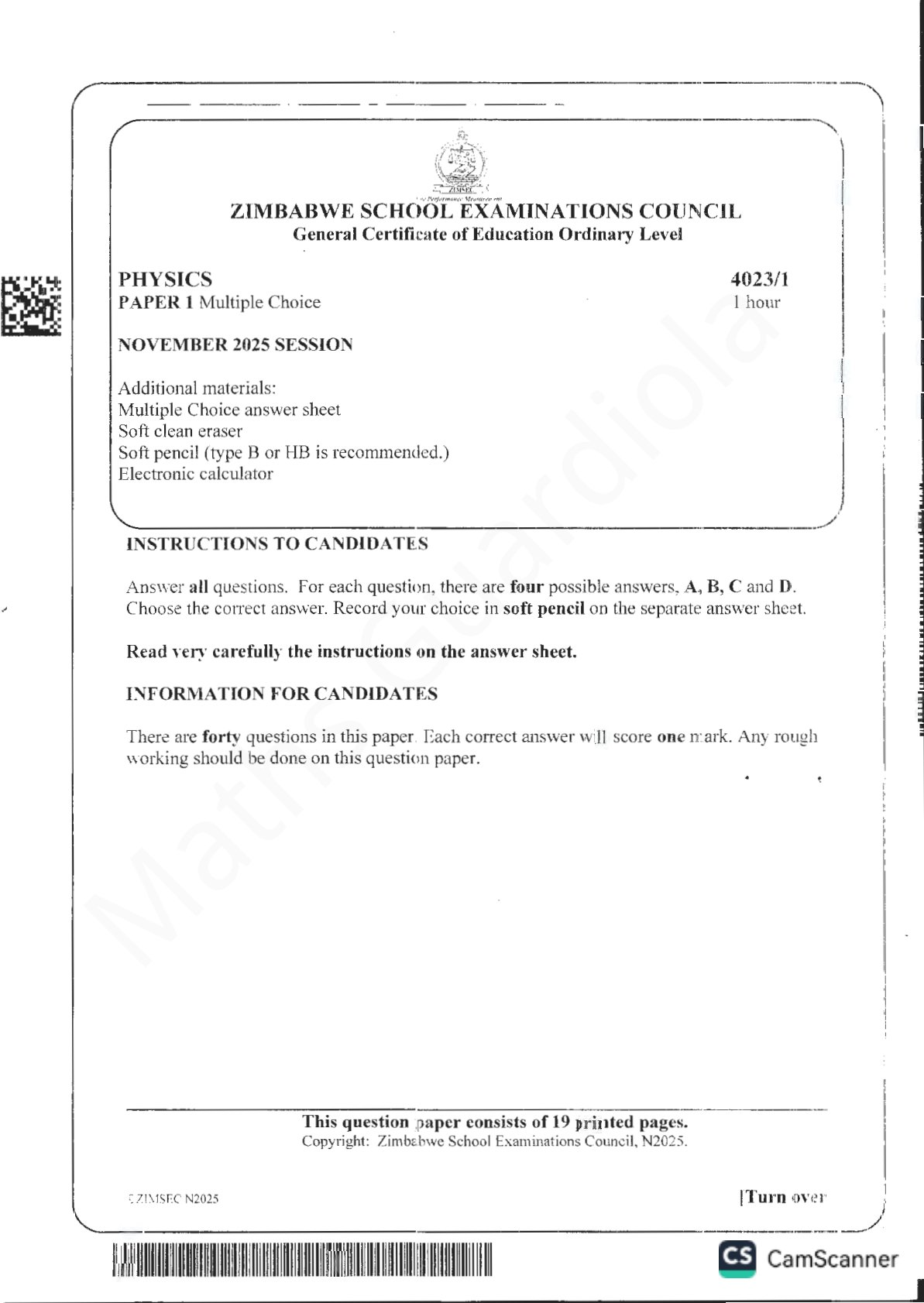 First page of ZIMSEC O-Level Physics Paper 1 November 2025 Question Paper