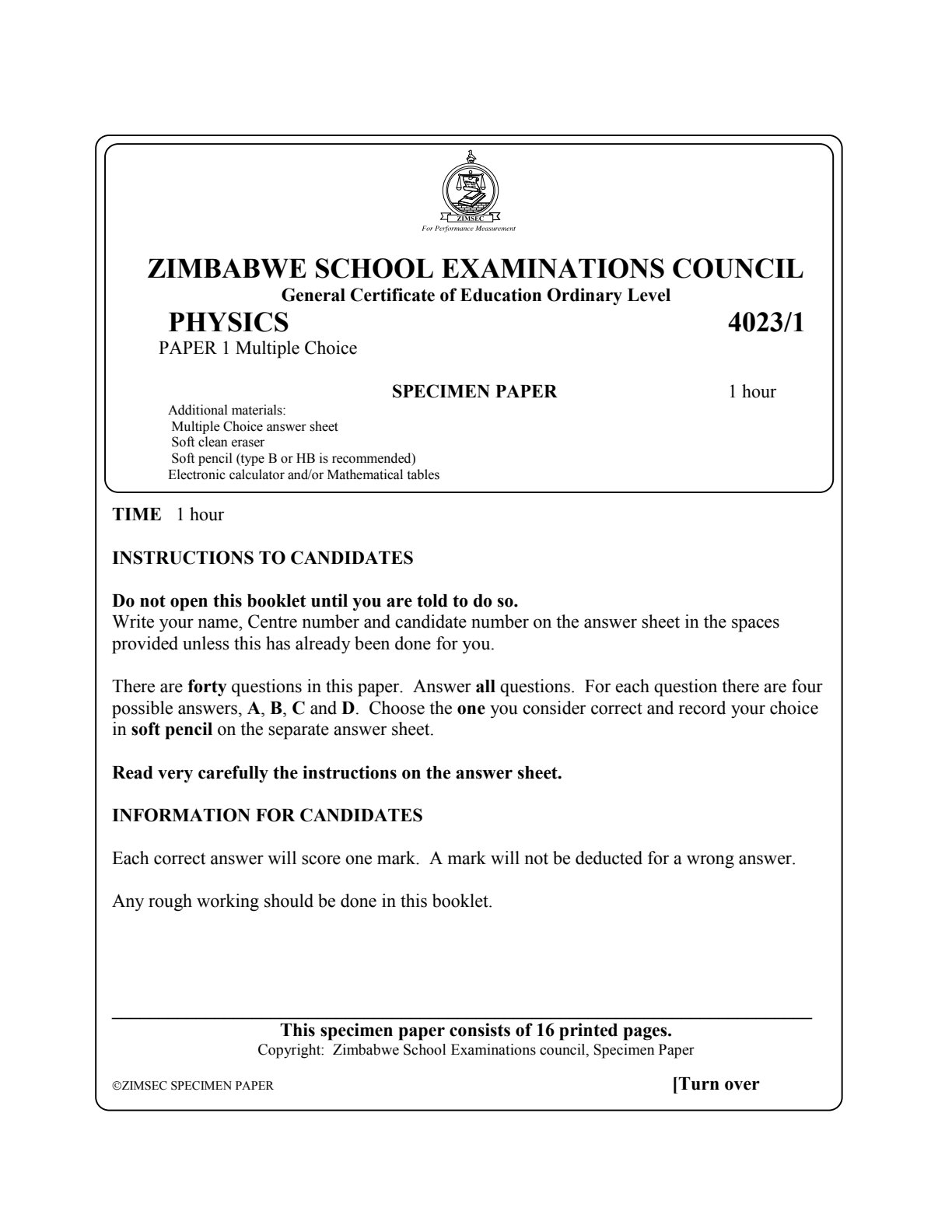 First page of ZIMSEC O-Level Physics Paper 1 Question Paper