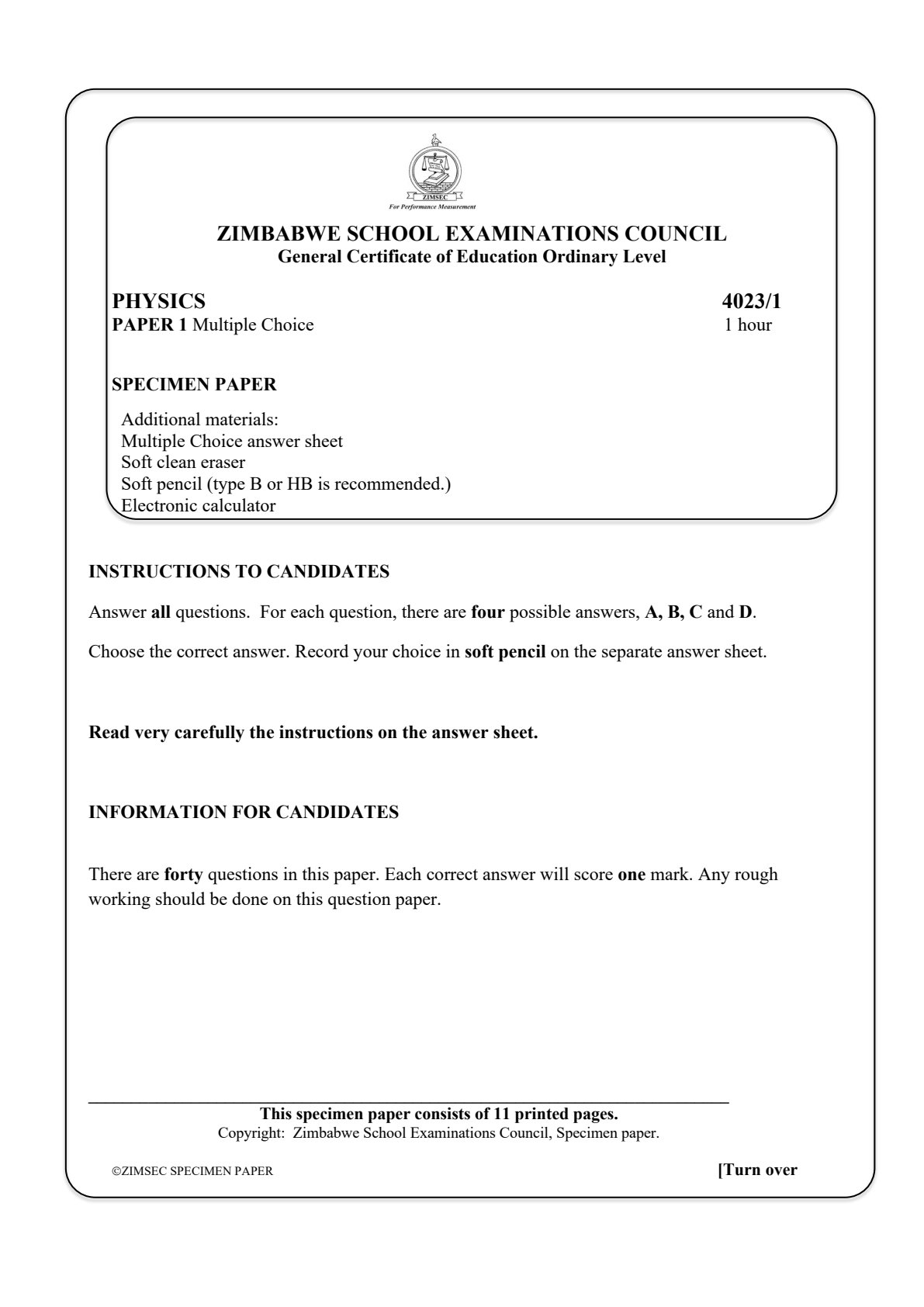 First page of ZIMSEC O-Level Physics Paper 1 Question Paper