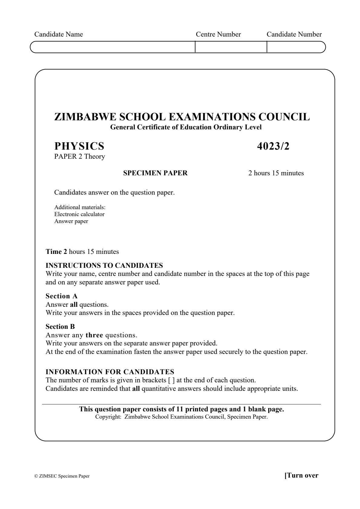 First page of ZIMSEC O-Level Physics Paper 2 2020 Question Paper