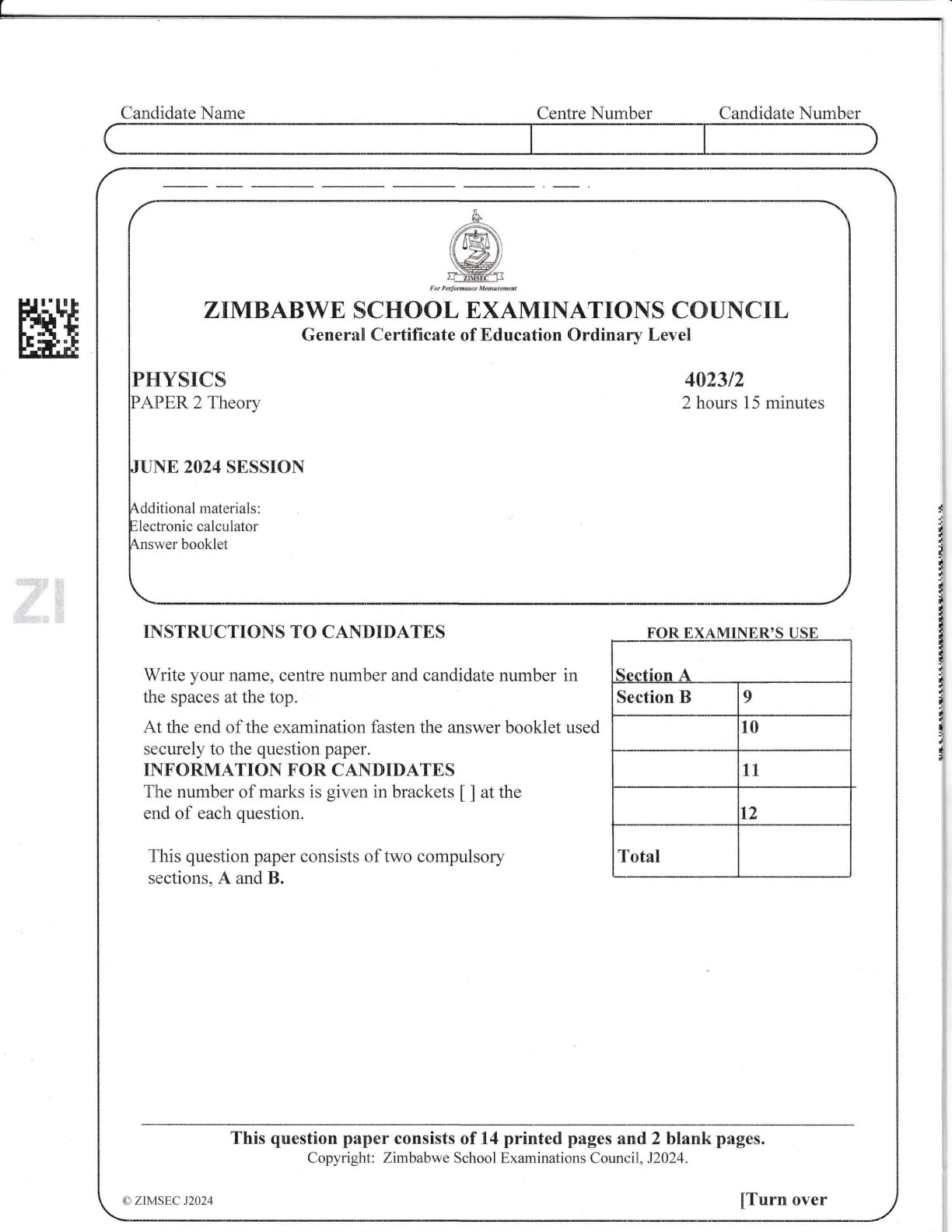 First page of ZIMSEC O-Level Physics Paper 2 June 2024 Question Paper