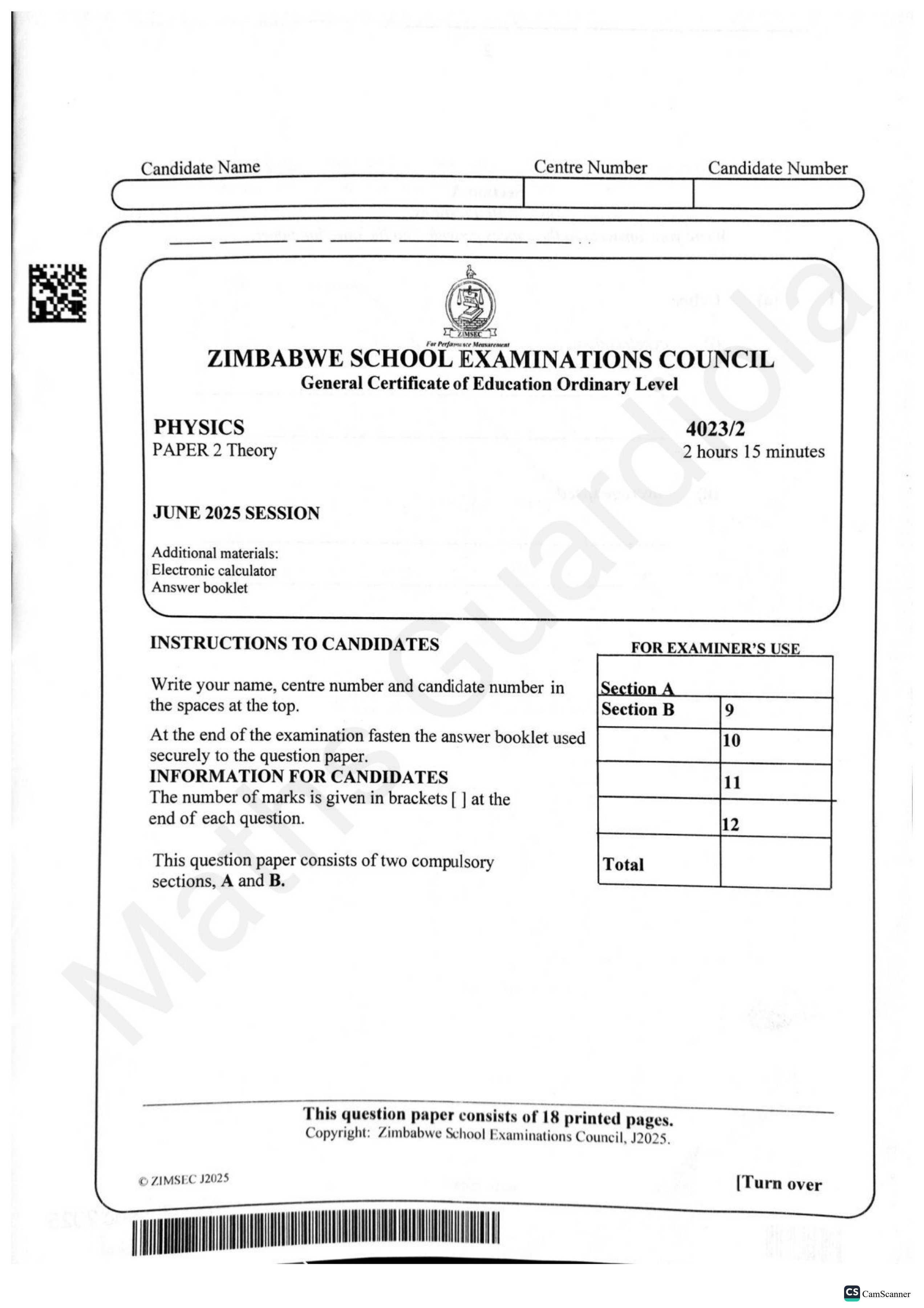 First page of ZIMSEC O-Level Physics Paper 2 June 2025 Question Paper